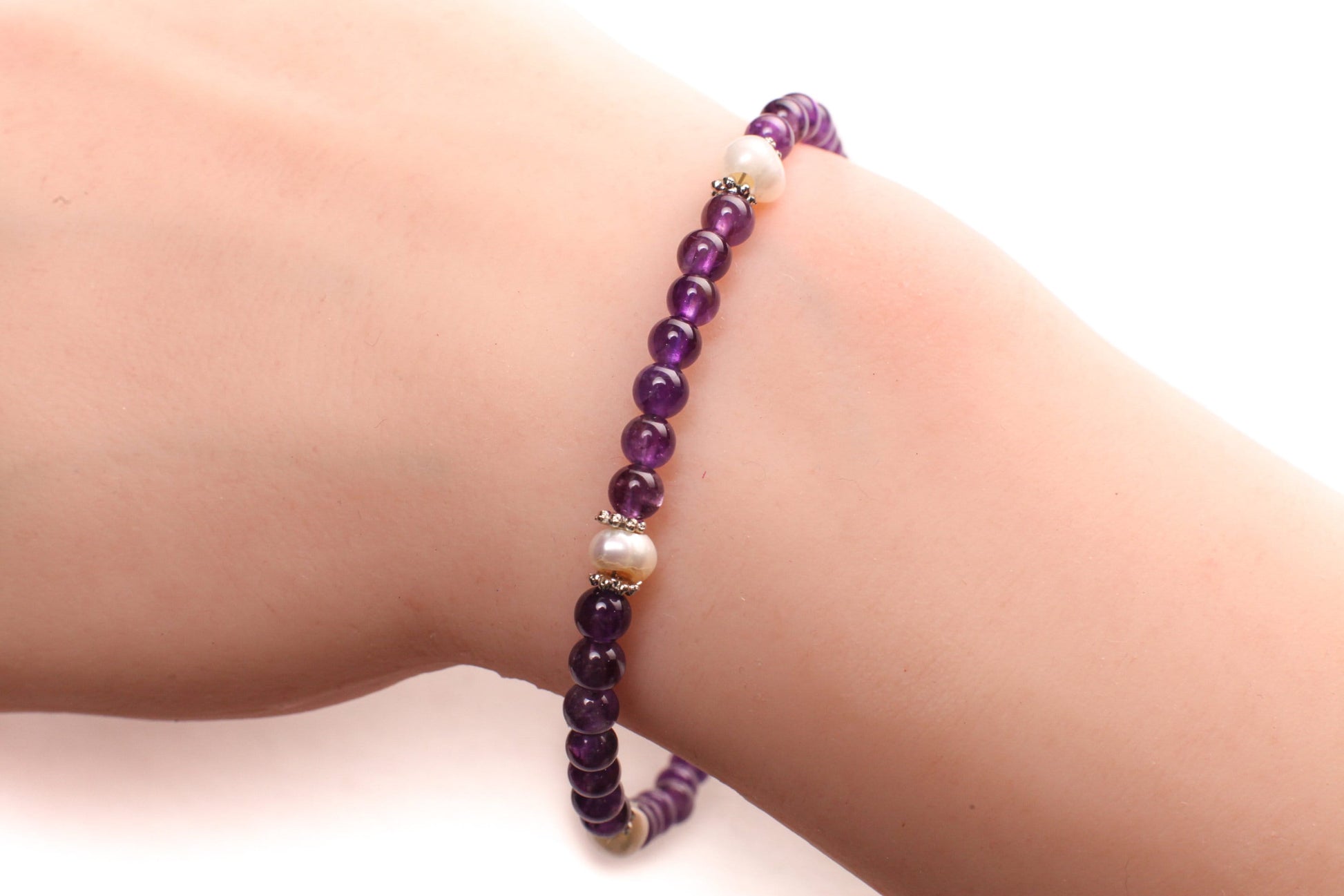 Natural Amethyst Round 4mm with Freshwater Pearl Rondelle Gemstone Bracelet, Healing Crystal, Yoga, Energy, Soothing Bracelet Gift