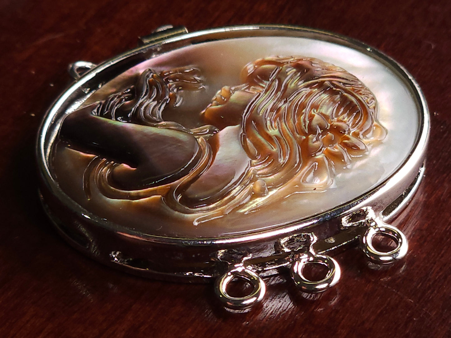 Black Lip Mother of pearl 3 loop large Cameo Fancy Clasp, 24×32 mm Vintage Hand Carved Jewelry making Rhodium clasp