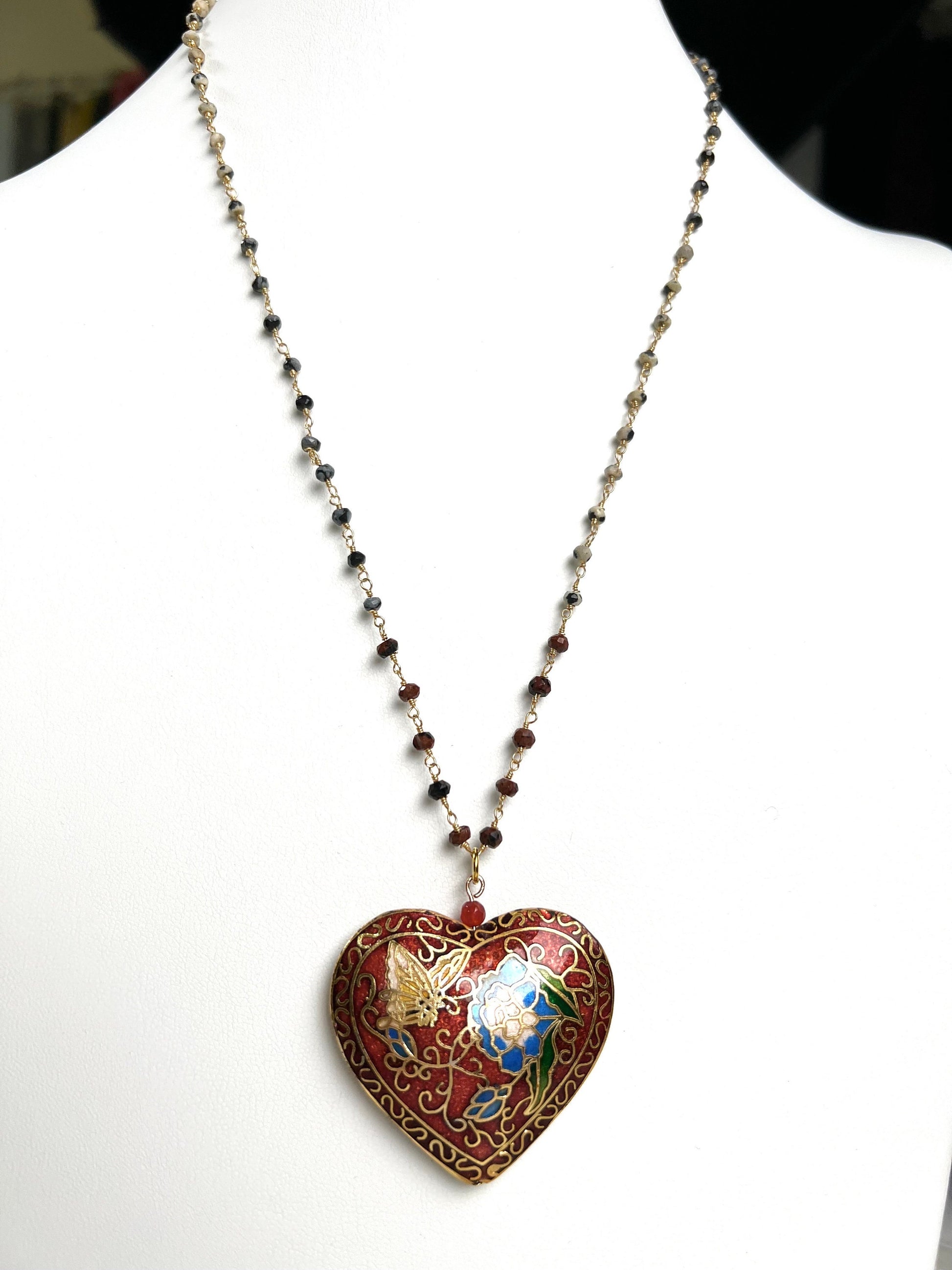 Cloisonné Pendant Vintage Heart Revisable Floral K2 Jasper, Mahogany Obsidian, Snow Flake Obsidian beaded chain 20+ 3” extension necklace