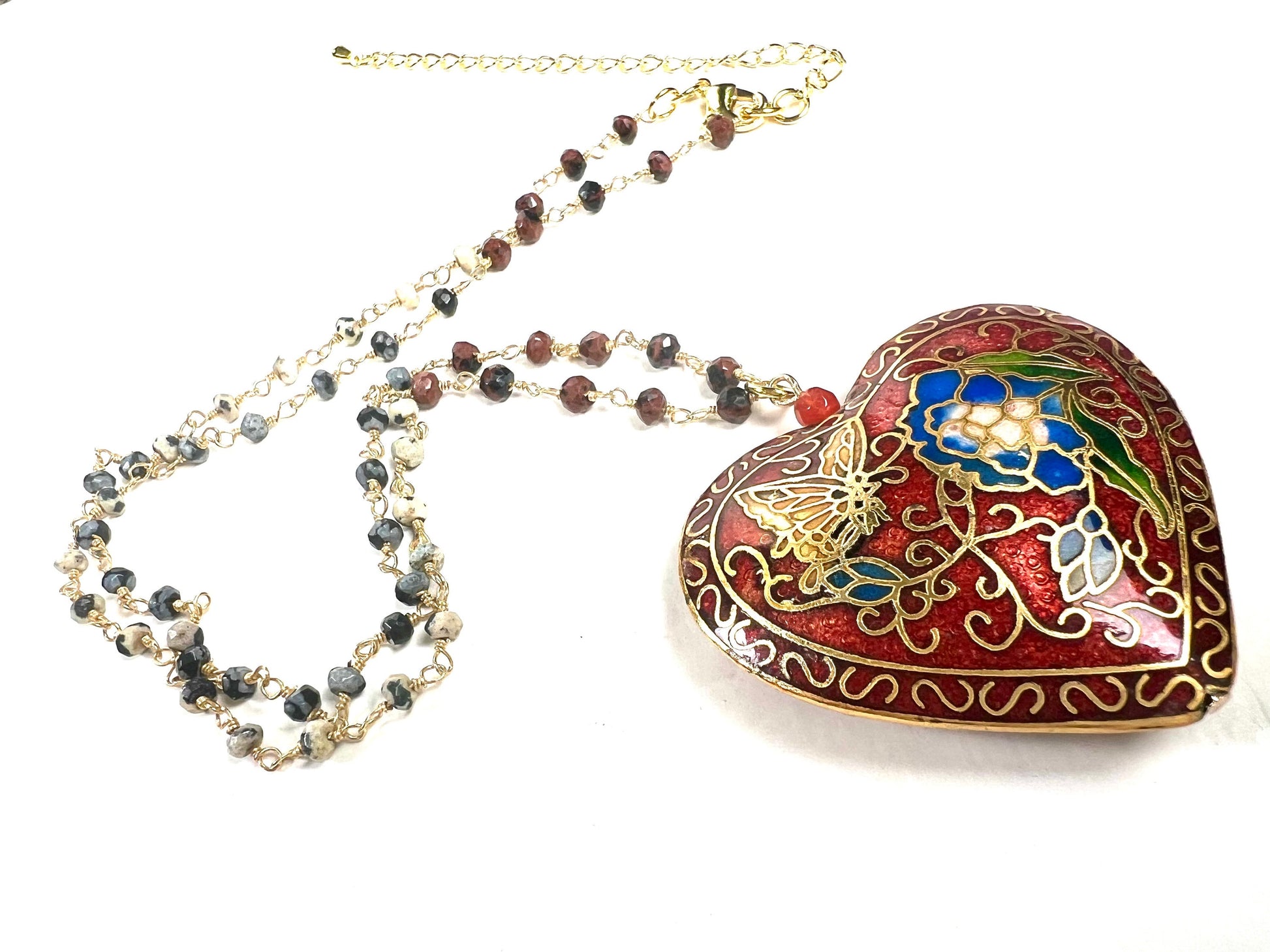 Cloisonné Pendant Vintage Heart Revisable Floral K2 Jasper, Mahogany Obsidian, Snow Flake Obsidian beaded chain 20+ 3” extension necklace