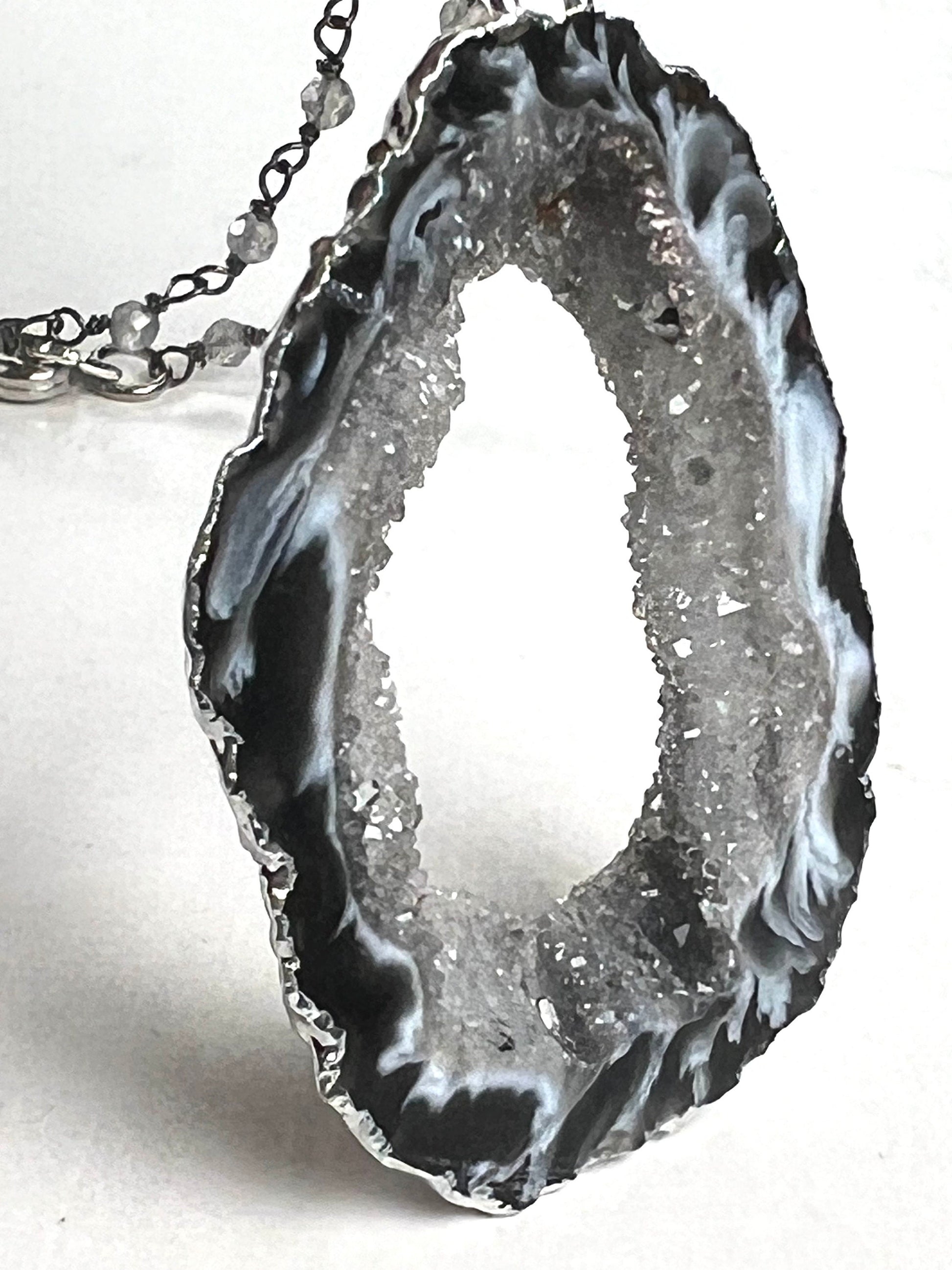 Botswana Agate Druzy Geode Pendant Necklace, Silver Labradorite Rosary Chain