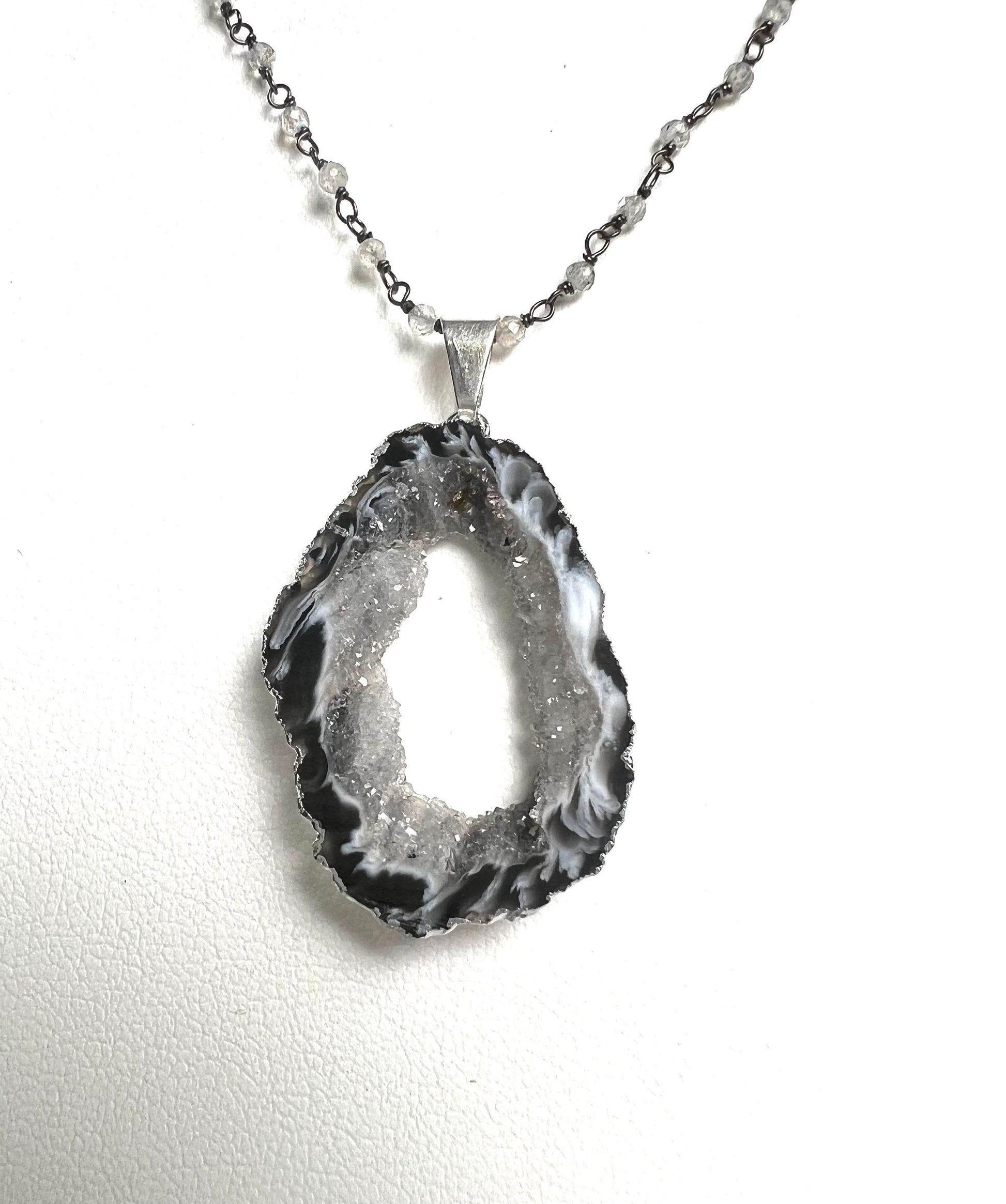 Genuine Botswana Agate Druzy Geode Gemstone Pendant and Silver Faceted Labradorite Beaded Rosary Chain Necklace