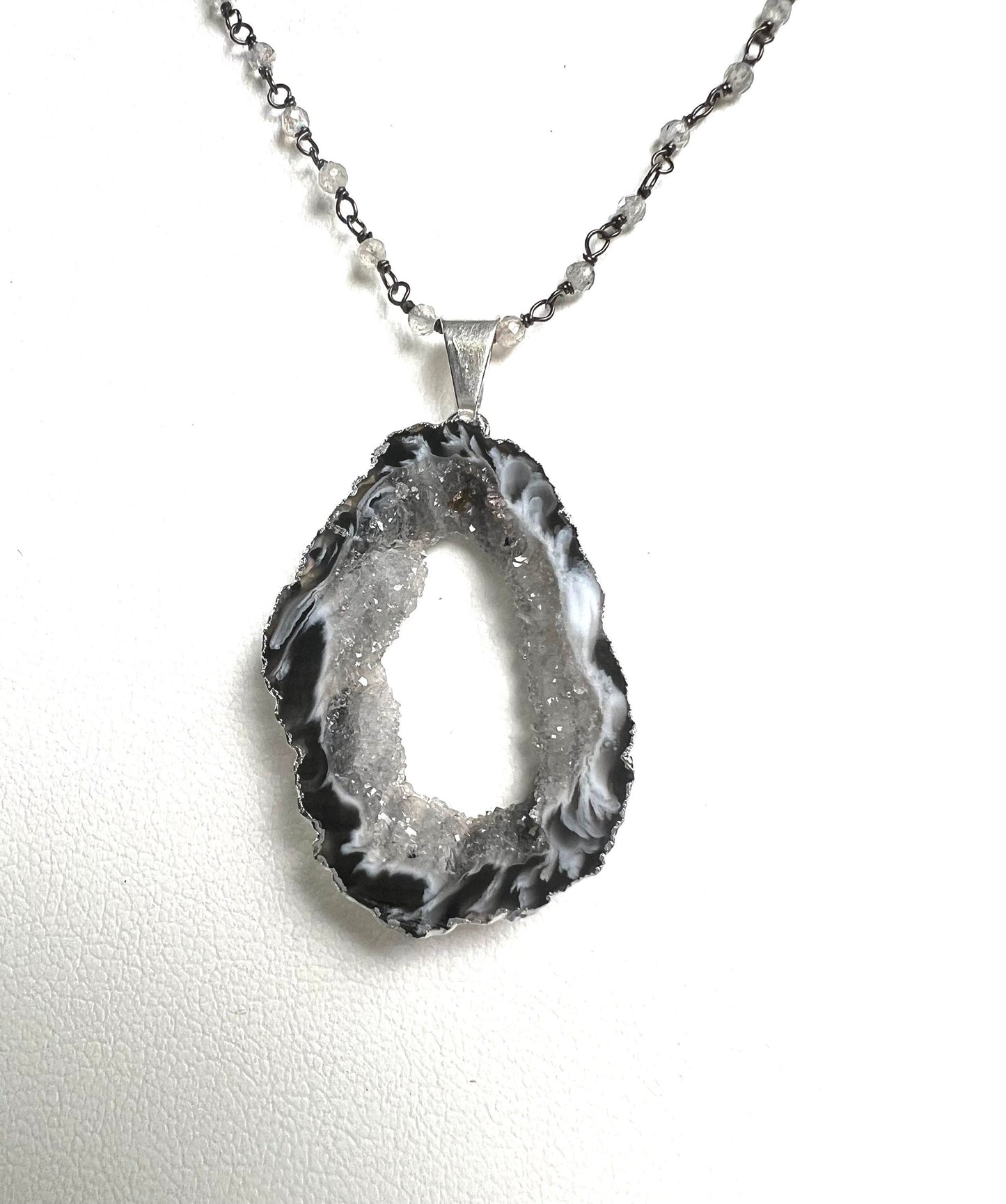 Botswana Agate Druzy Geode Pendant Necklace, Silver Labradorite Rosary Chain