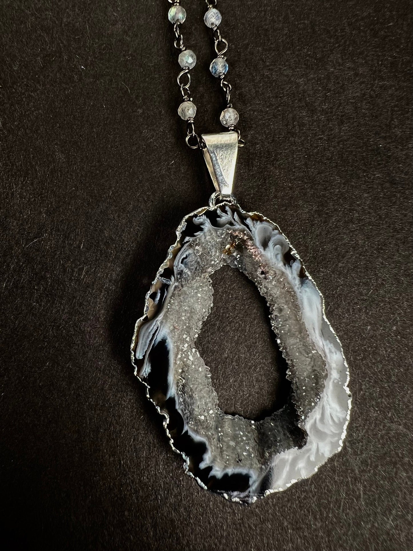 Genuine Botswana Agate Druzy Geode Gemstone Pendant and Silver Faceted Labradorite Beaded Rosary Chain Necklace