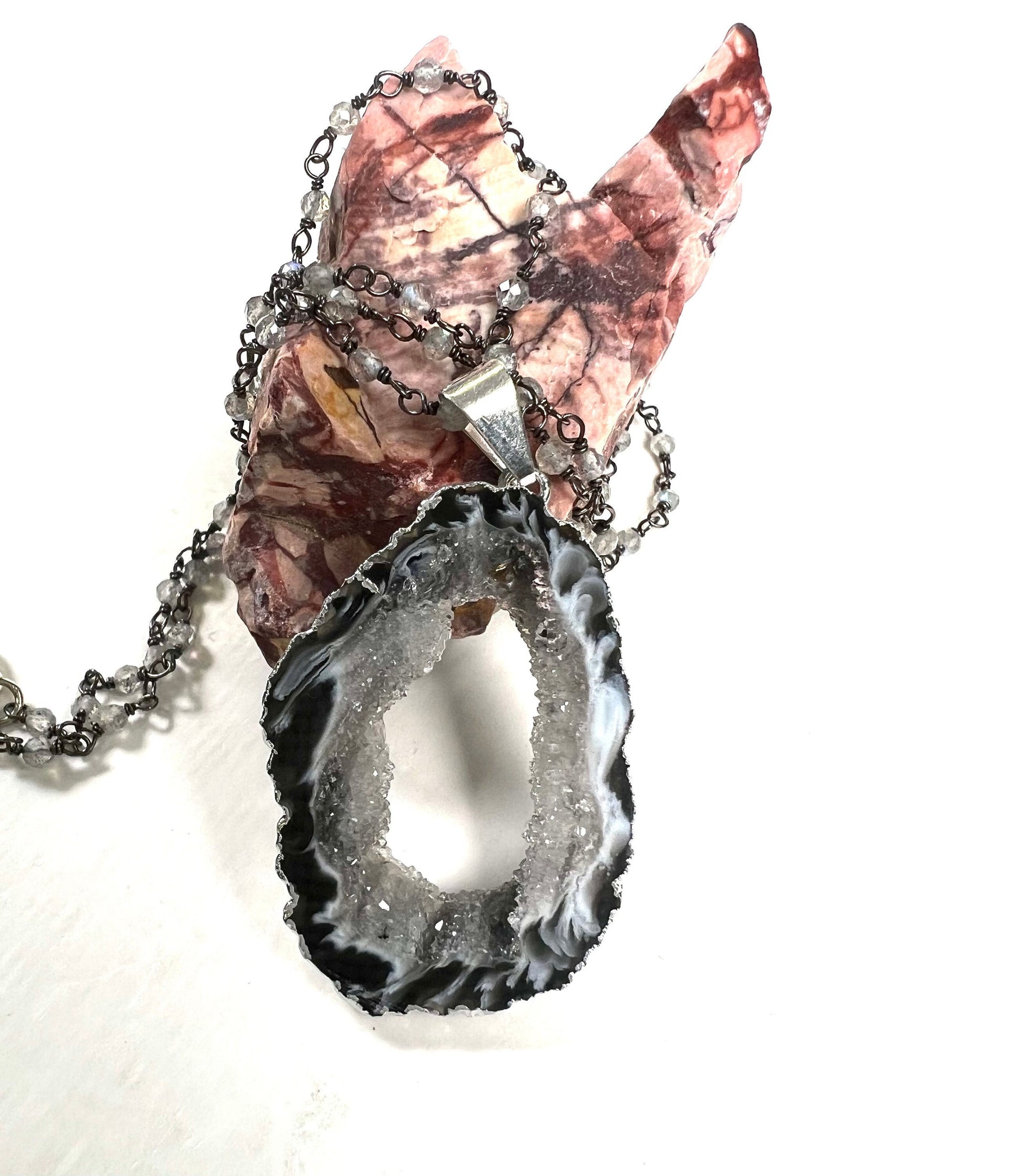 Botswana Agate Druzy Geode Pendant Necklace, Silver Labradorite Rosary Chain