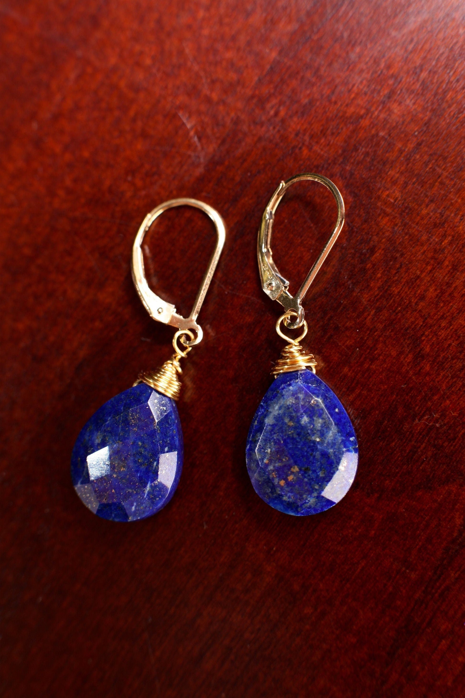 Lapis Lazuli Earrings, Natural Lapis Pear Drop 12x16mm Wire Wrapped Long Teardrop in 14K Gold Filled or 925 Sterling Silver Leverback