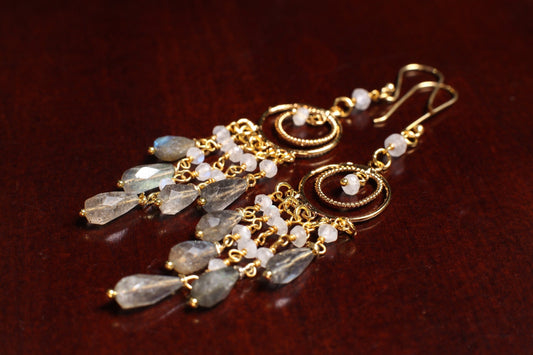 Natural Labradorite 5x10mm Faceted Drop, Moonstone 3mm Roundel Wire Wrap, Gold Vermeil Chandelier Ear Wire, Dreamcatcher Chandelier Earrings