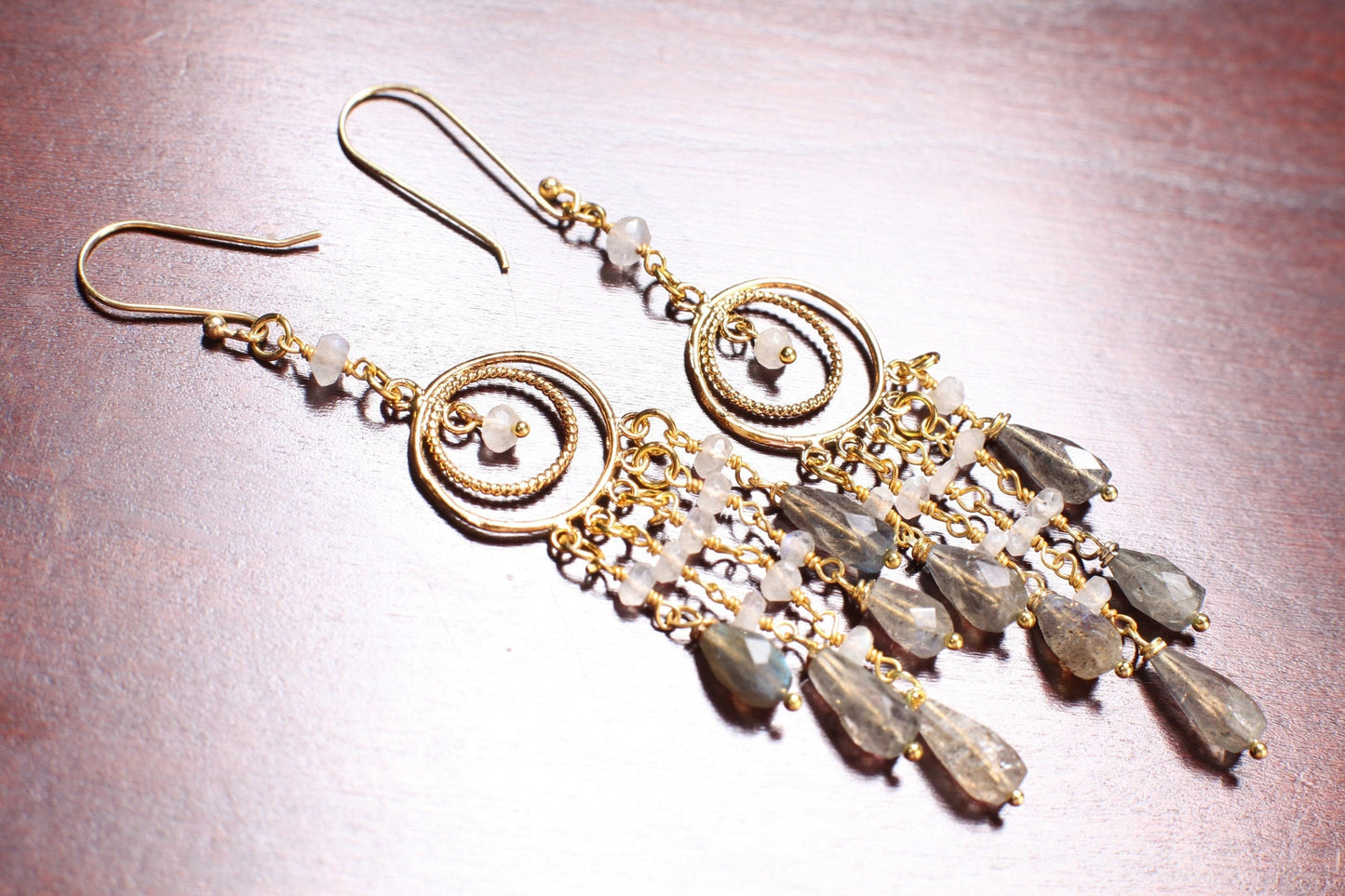 Natural Labradorite 5x10mm Faceted Drop, Moonstone 3mm Roundel Wire Wrap, Gold Vermeil Chandelier Ear Wire, Dreamcatcher Chandelier Earrings