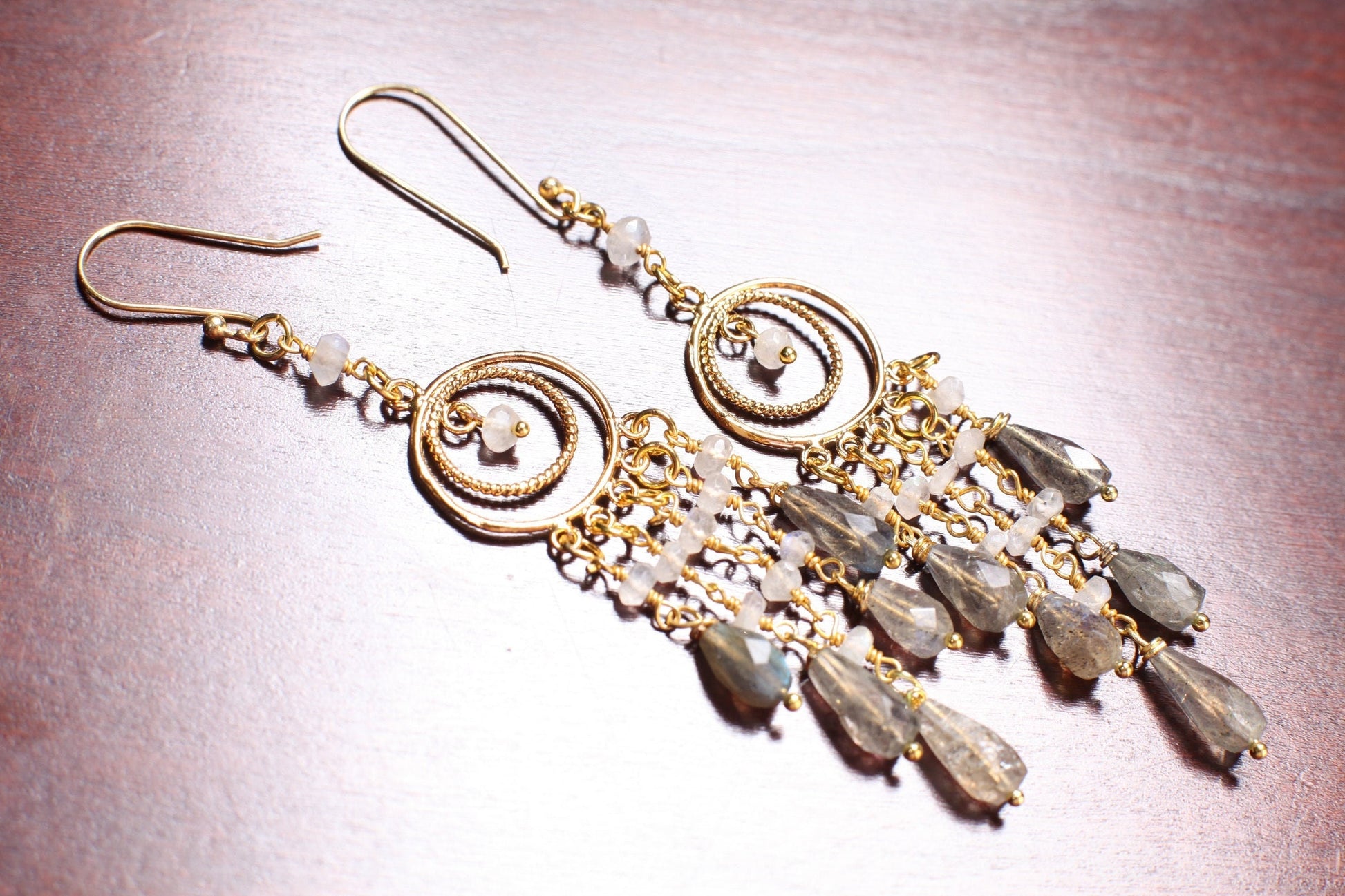 Natural Labradorite 5x10mm Faceted Drop, Moonstone 3mm Roundel Wire Wrap, Gold Vermeil Chandelier Ear Wire, Dreamcatcher Chandelier Earrings