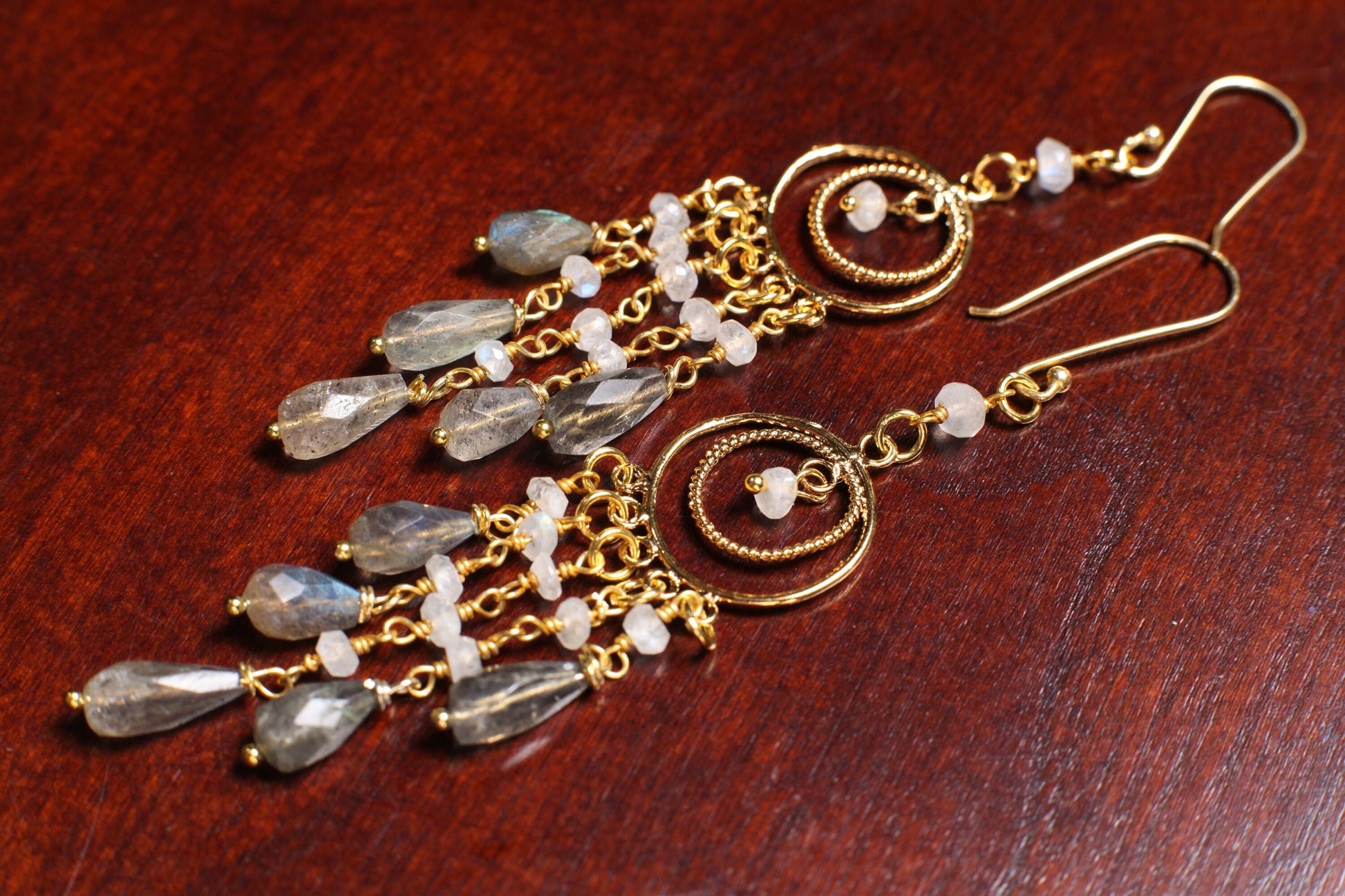 Natural Labradorite 5x10mm Faceted Drop, Moonstone 3mm Roundel Wire Wrap, Gold Vermeil Chandelier Ear Wire, Dreamcatcher Chandelier Earrings