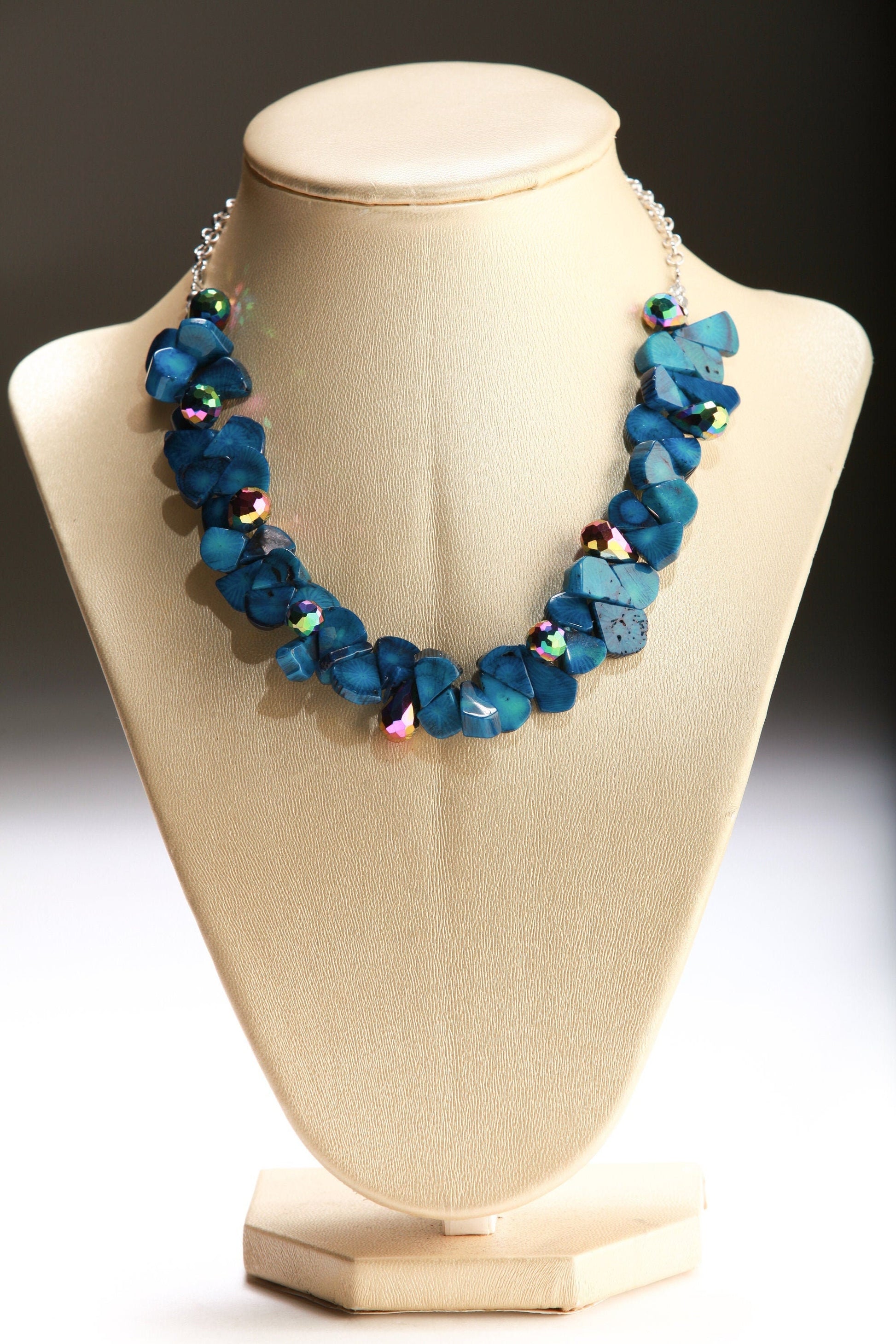 Genuine Bamboo Coral Heat Treated Blue Coral Teardrop 9x11-12x16mm,Accent AB Crystal Briolette,Adjustable 13"- 16" Pear Drop Choker Necklace