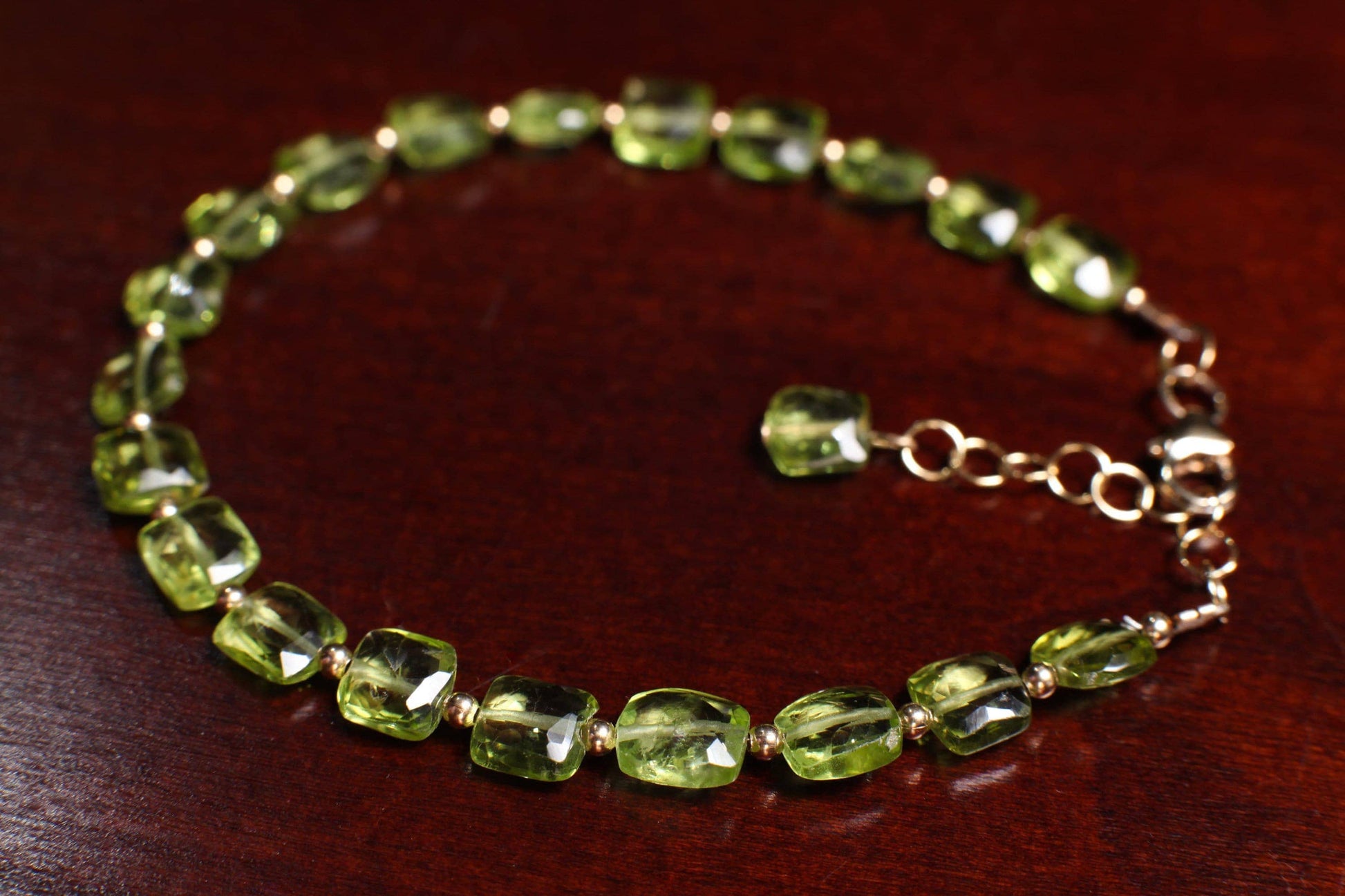 Peridot Faceted 5mm Cushion Shape Gemstone Bracelet in 14K Gold Filled Chain and Clasp, 14k gf 2mm spacer , Elegant Gift , August birthstone