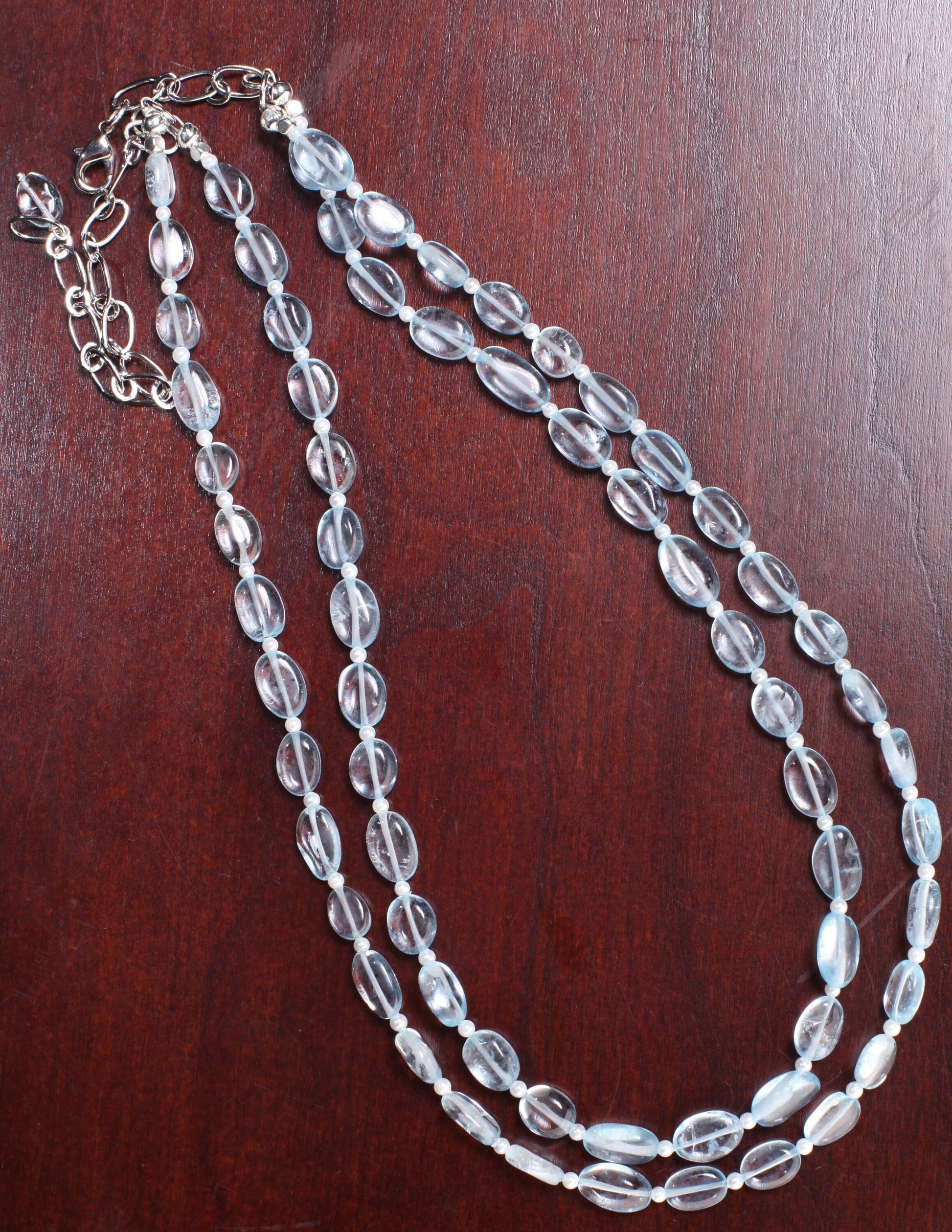 Aqua Blue Quartz Free Form Oval 6x9-7x11mm, 2.5mm Freshwater Pearl Round Spacers 2 Strand Necklace 17.5" with 4.5" Extend to 21". Gift