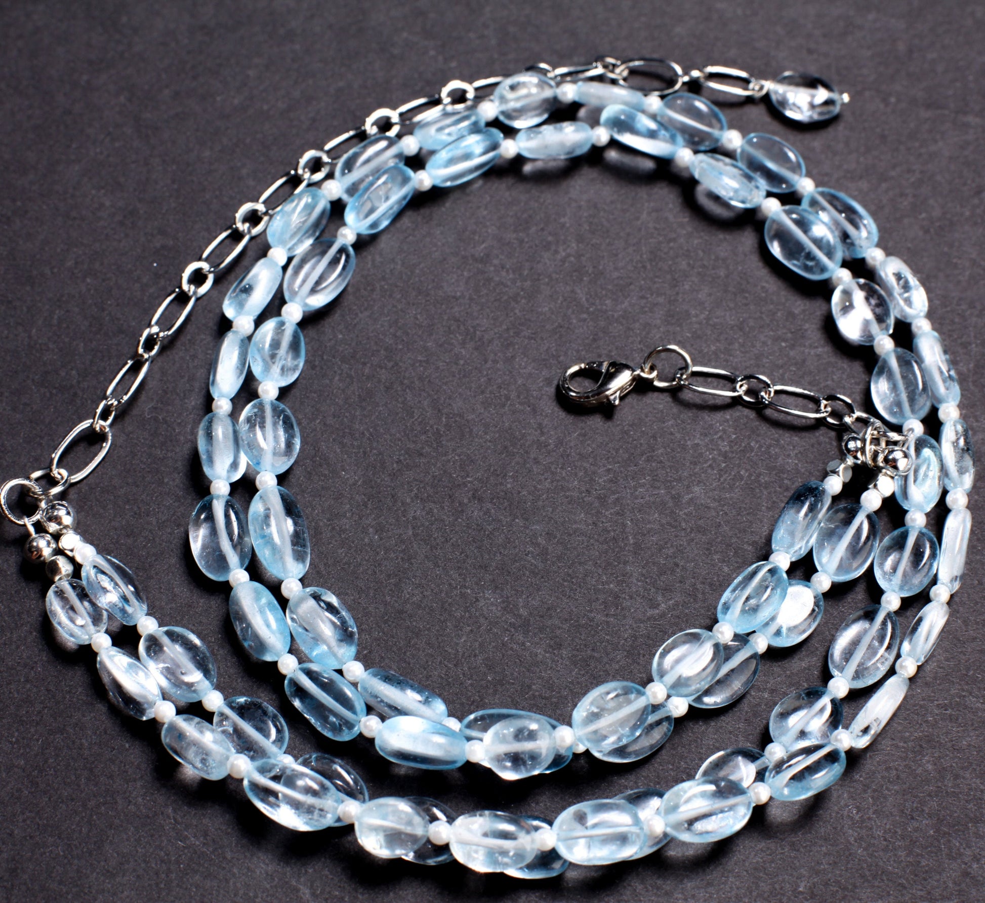 Aqua Blue Quartz Free Form Oval 6x9-7x11mm, 2.5mm Freshwater Pearl Round Spacers 2 Strand Necklace 17.5" with 4.5" Extend to 21". Gift