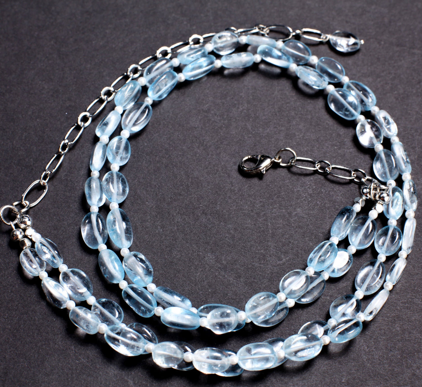 Aqua Blue Quartz Free Form Oval 6x9-7x11mm, 2.5mm Freshwater Pearl Round Spacers 2 Strand Necklace 17.5" with 4.5" Extend to 21". Gift