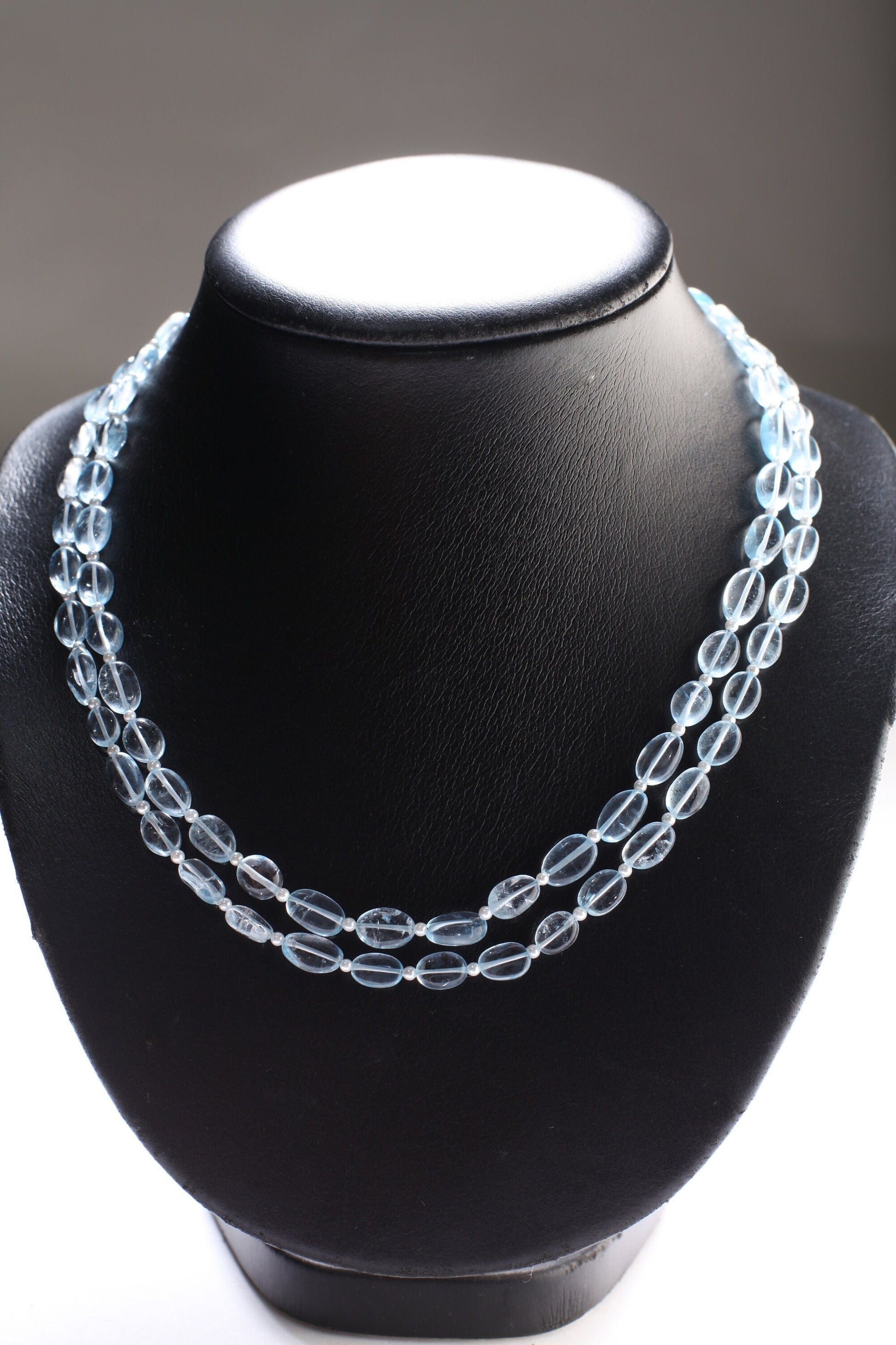 Aqua Blue Quartz Free Form Oval 6x9-7x11mm, 2.5mm Freshwater Pearl Round Spacers 2 Strand Necklace 17.5" with 4.5" Extend to 21". Gift