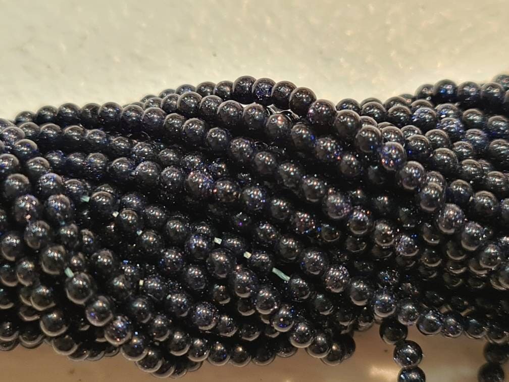 Navy Blue Gold Sandstone 2mm Round Beads, Jewelry Making Round Polished Gemstone Beads, DIY Necklace, Bracelet 16&quot; Strand