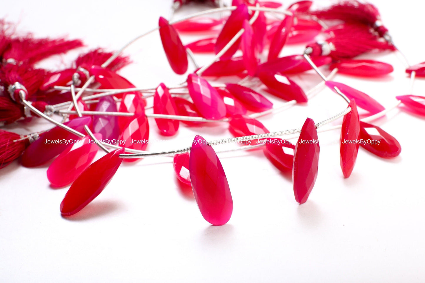 Fuchsia Hot Pink Chalcedony Faceted Long Pear Drop 26x8-28x11mm, Rich Pink Jewelry Making Bracelet, Necklace Earrings Gemstone Teardrop Bead