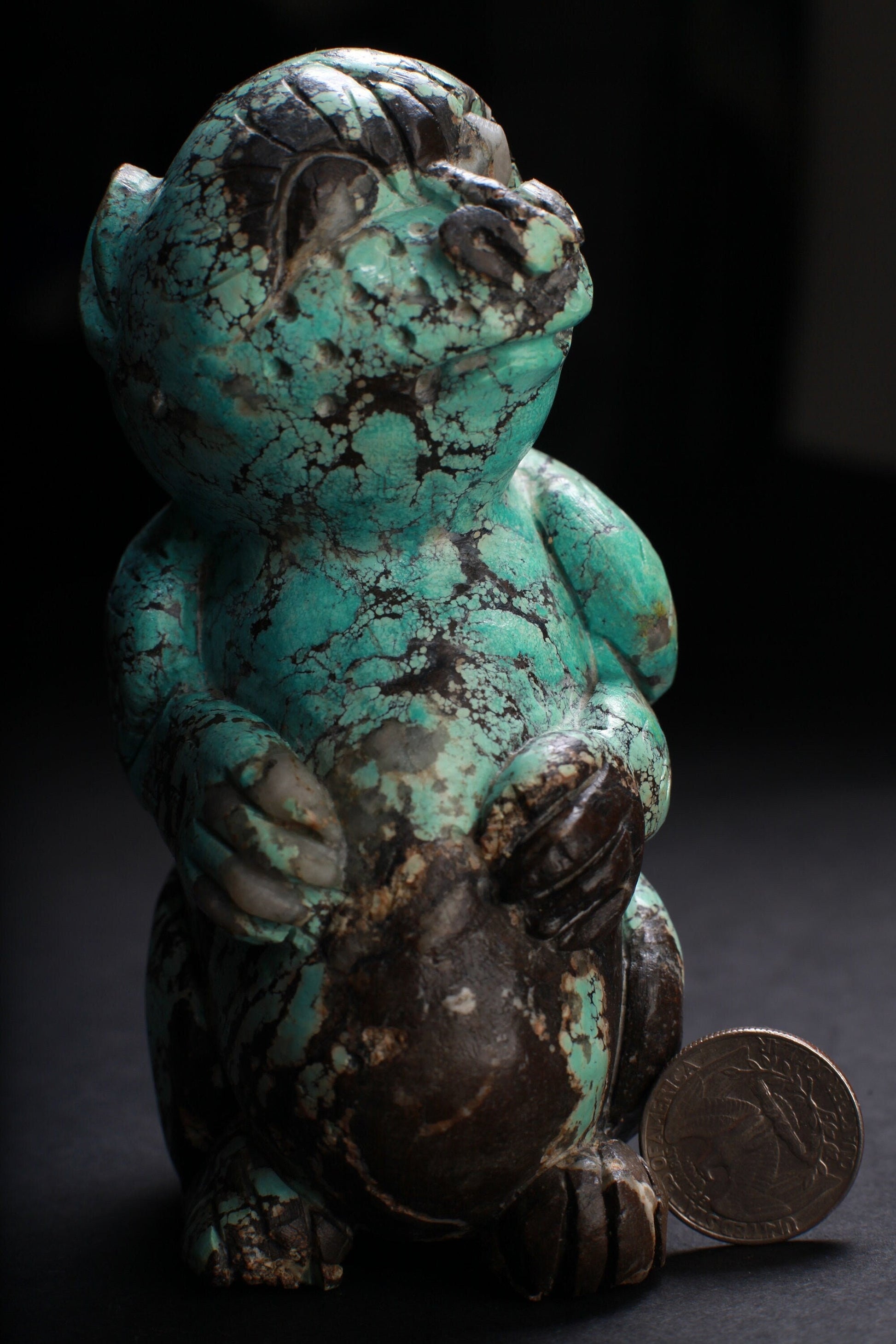Genuine Spiderweb Turquoise Hand Carved Sloth, Totem, Miniature Animals Collectible Figurines Vintage Sculpture, Old Stock 746g 5x3x2.5"
