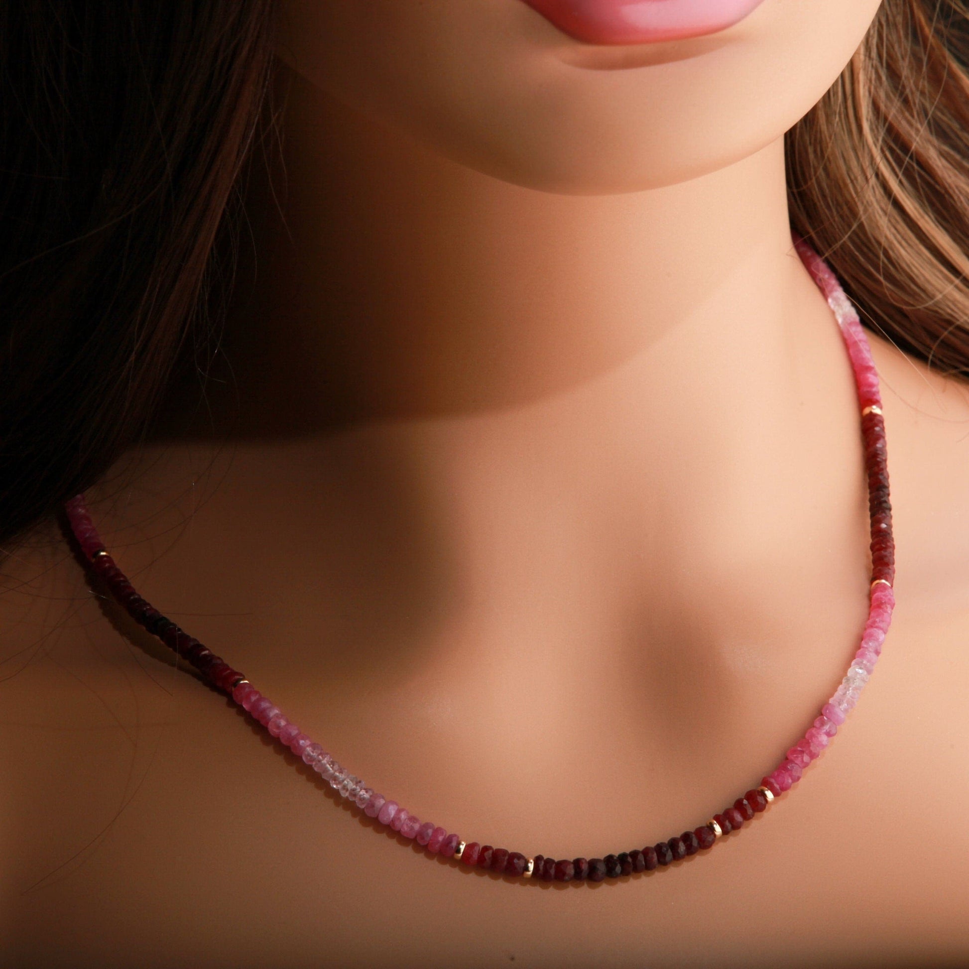 Natural AAA 3-3.5mm Ruby Ombre Shaded 14K Gold Filled Spacers & Clasp Necklace, July Birthstone, Mother&#39;s Day, Valentine, Precious Gift