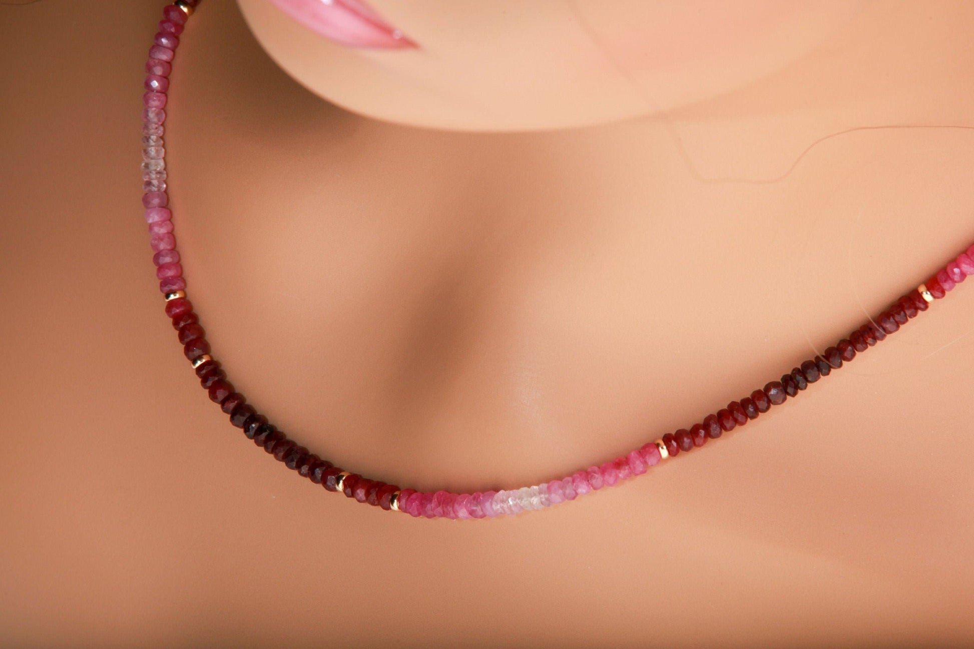 Natural AAA 3-3.5mm Ruby Ombre Shaded 14K Gold Filled Spacers & Clasp Necklace, July Birthstone, Mother&#39;s Day, Valentine, Precious Gift