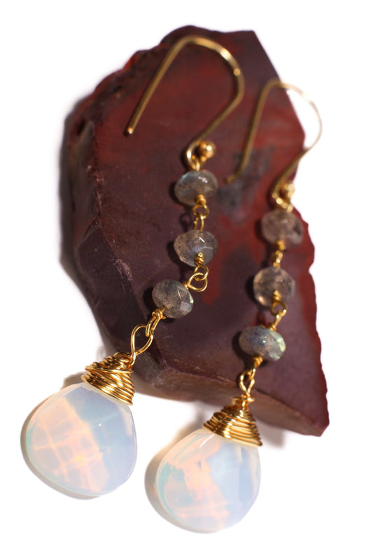Labradorite Wire Wrapped Dangling Opalite 12mm Faceted Heart Briolette in 14K Gold Filled Earwire, Handmade Gemstone Jewelry, Gift for her