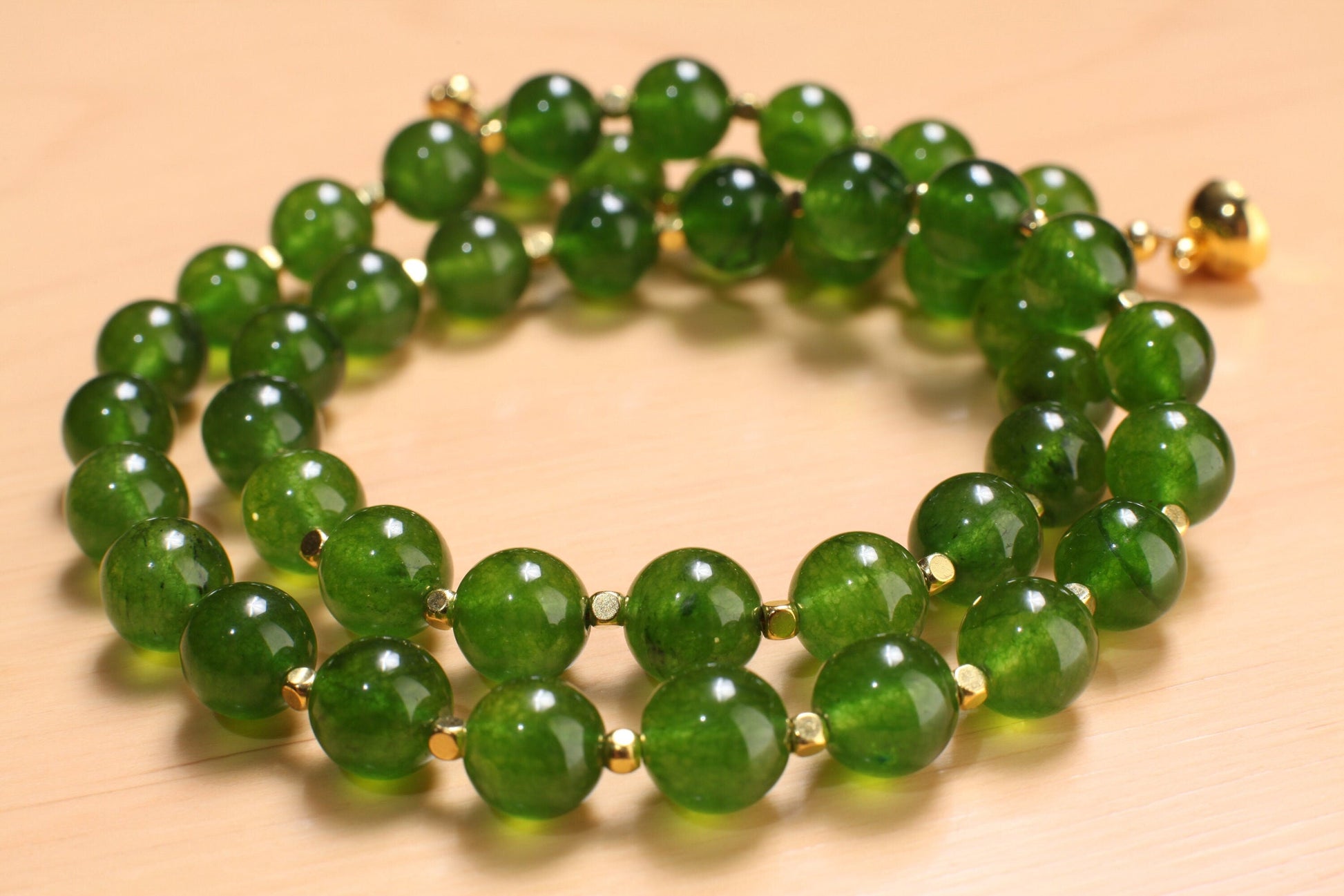 Genuine Green Jade, Nephrite Canada Jade 10mm Round Gold, Gold Filled Necklace, Strong Magnetic Clasp. High Quality Jade 16&quot;- 34&quot; Necklace