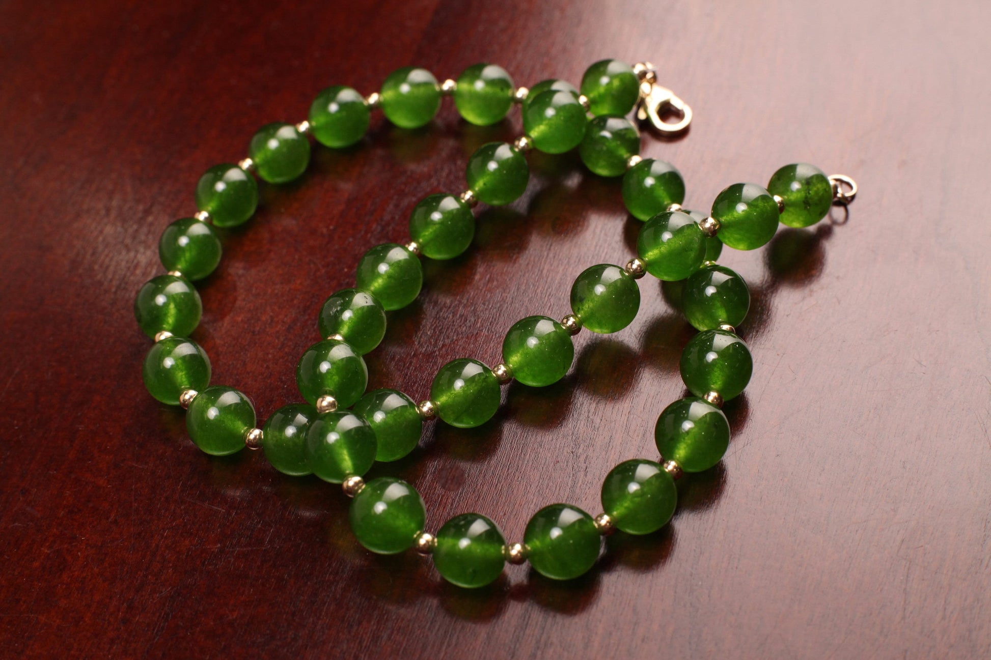 Genuine Green Jade, Nephrite Canada Jade 10mm Round Gold, Gold Filled Necklace, Strong Magnetic Clasp. High Quality Jade 16&quot;- 34&quot; Necklace