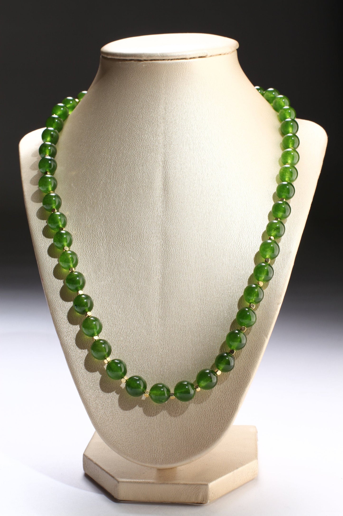 Genuine Green Jade, Nephrite Canada Jade 10mm Round Gold, Gold Filled Necklace, Strong Magnetic Clasp. High Quality Jade 16"- 34" Necklace