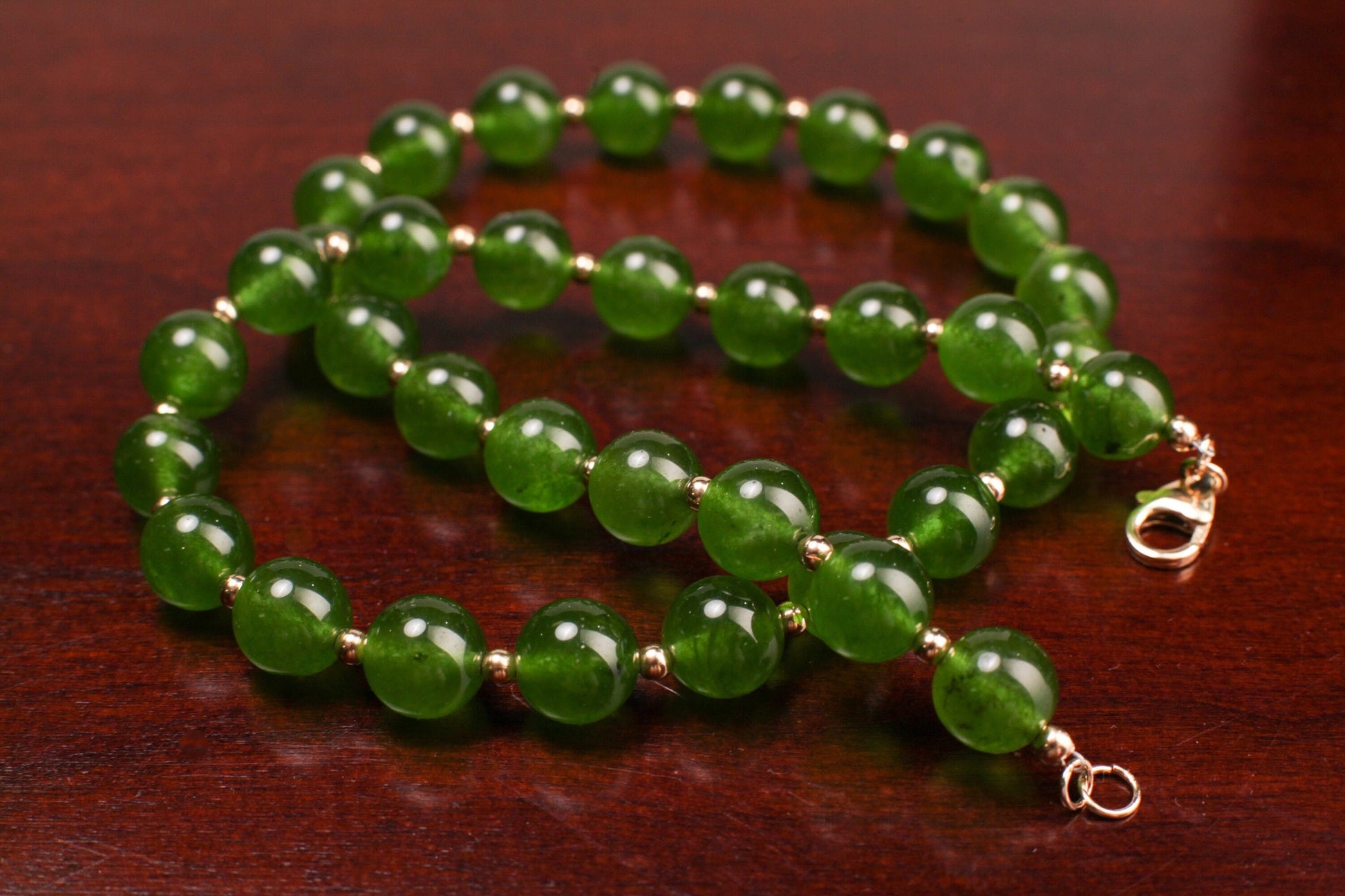 Genuine Green Jade, Nephrite Canada Jade 10mm Round Gold, Gold Filled Necklace, Strong Magnetic Clasp. High Quality Jade 16&quot;- 34&quot; Necklace