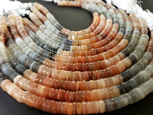 Natural multi Moonstone Heishe, shaded Gemstone brown smooth cut Heishe Moonstone Beads 6.5- 7mm DIY Jewelry Making, 8" Strand