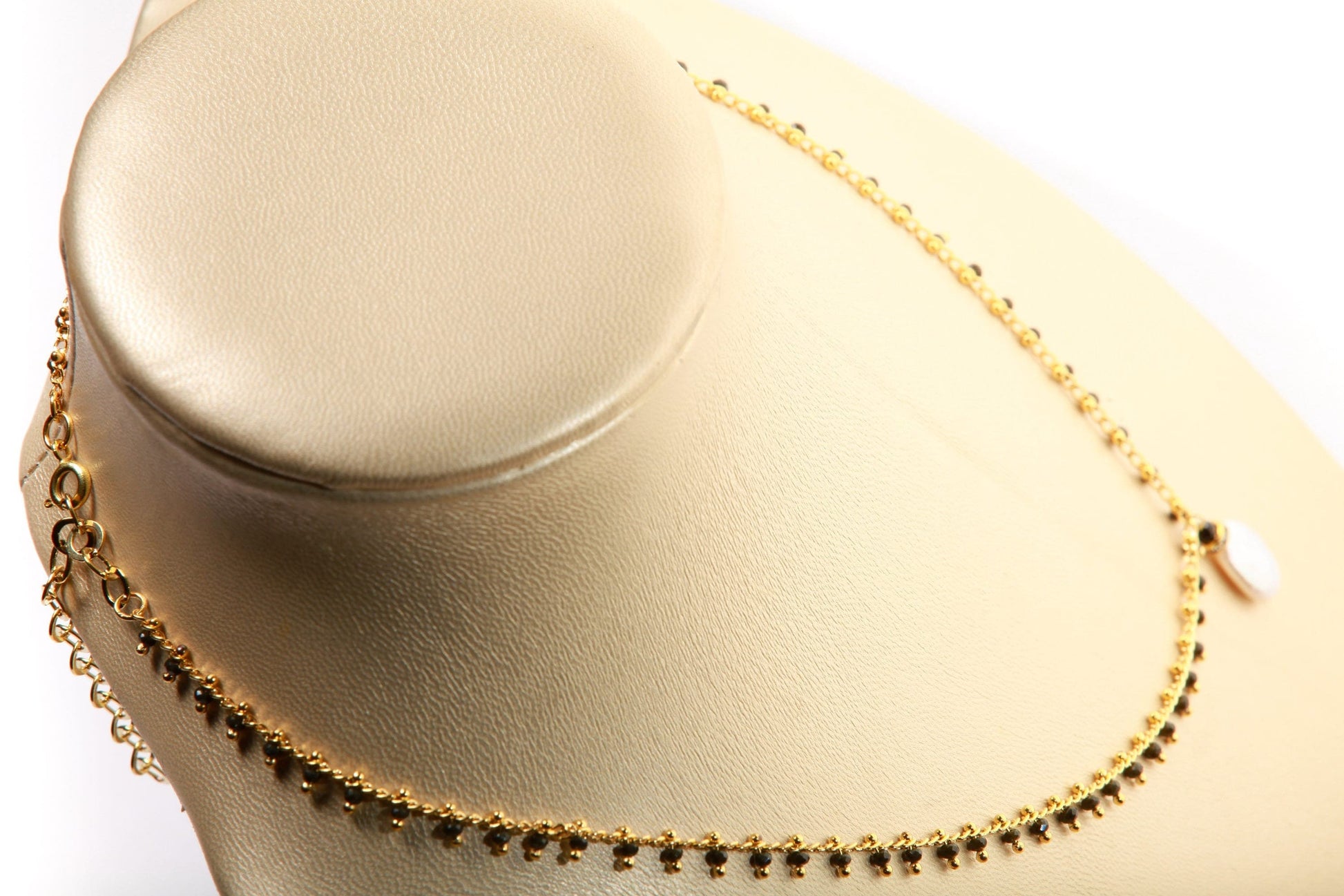 Black Spinel Micro Faceted Diamond Cut Gold Beaded Necklace with Fresh Water Coin Pearl and Rhinestone Spacer Extendable Chain Necklace