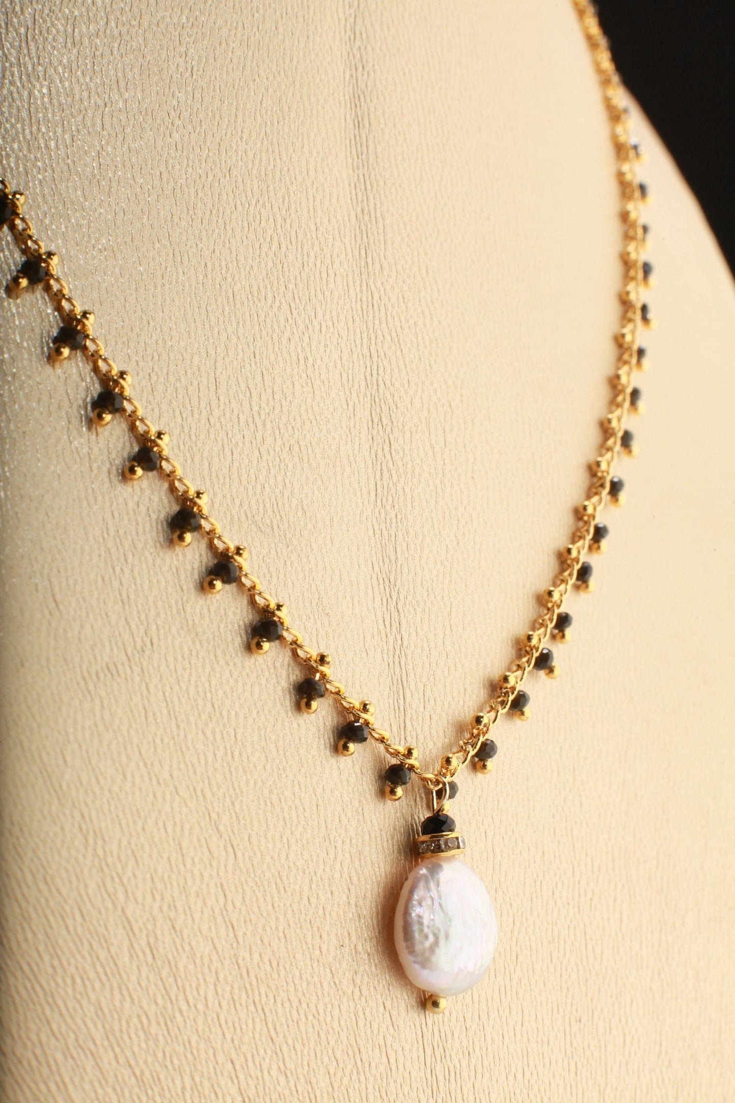 Black Spinel Micro Faceted Diamond Cut Gold Beaded Necklace with Fresh Water Coin Pearl and Rhinestone Spacer Extendable Chain Necklace