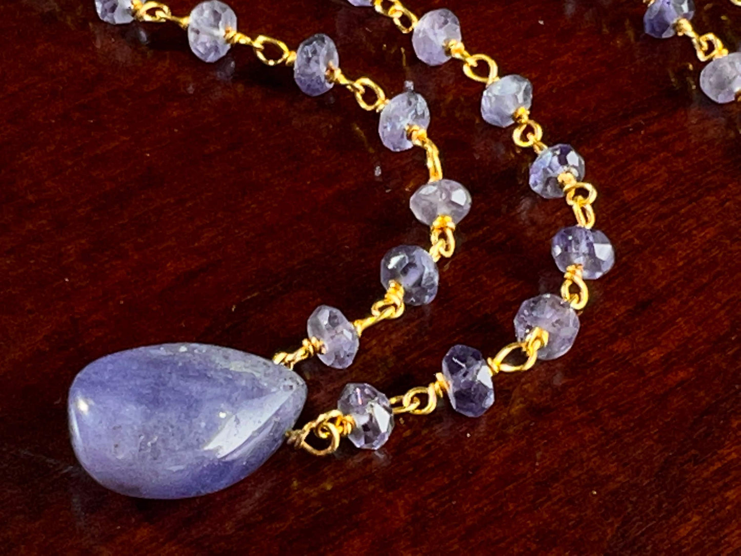 Natural Tanzanite 9x13mm apprx Tear Drop Wire Wrapped Tanzanite 4mm Rosary Gold Necklace, December Birthstone, Violet Gemstone, Elegant Gift