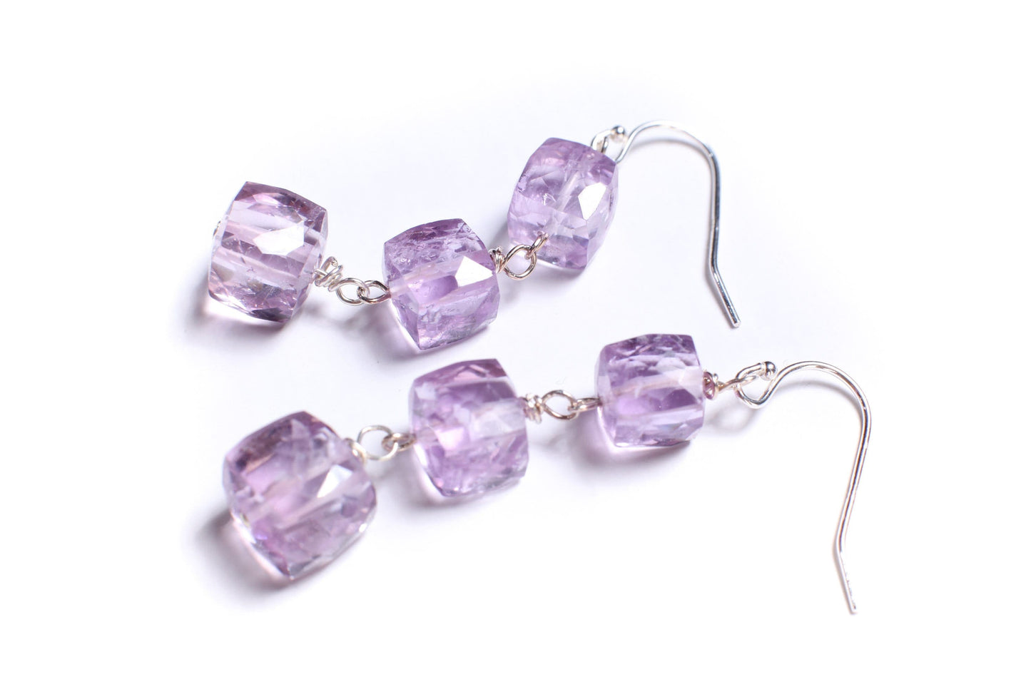 Pink Amethyst 7-9mm Cube Dangling Ear Wire in 925 Sterling Silver, Soothing Gem, Natural AAA Amethyst Square Ice Cube Gems