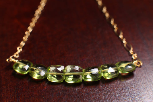 Peridot Faceted 6x6mm Square Cushion Shape Faceted Clear AAA Quality Stone with 14k Gold Filled Long & Short Chain Necklace, Gifts