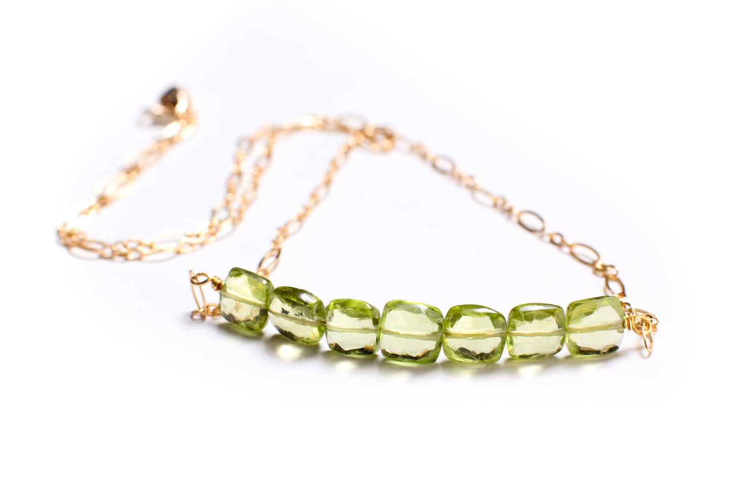 Peridot Faceted 6x6mm Square Cushion Shape Faceted Clear AAA Quality Stone with 14k Gold Filled Long & Short Chain Necklace, Gifts