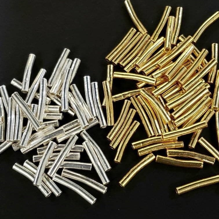 925 Sterling Silver and 22k Gold vermeil 2x12mm curved tube spacer for jewelry making. 10, 50 and 100pcs