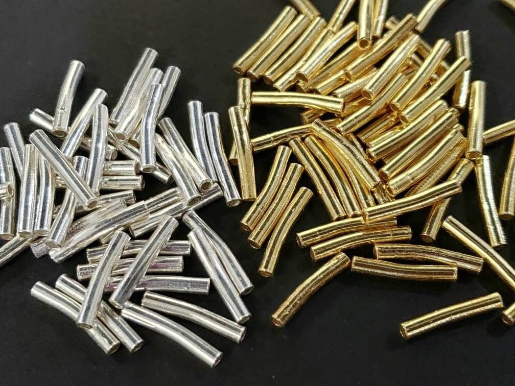 925 Sterling Silver and 22k Gold vermeil 2x12mm curved tube spacer for jewelry making. 10, 50 and 100pcs