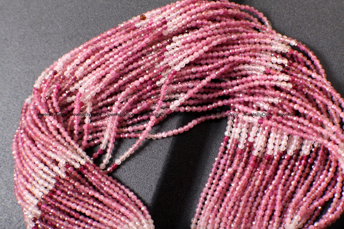 Pink Tourmaline, 2.5mm Ombre Pink Shaded Natural Tourmaline Faceted Diamond Micro Cut Faceted Round 12.5" Strand, AAA quality