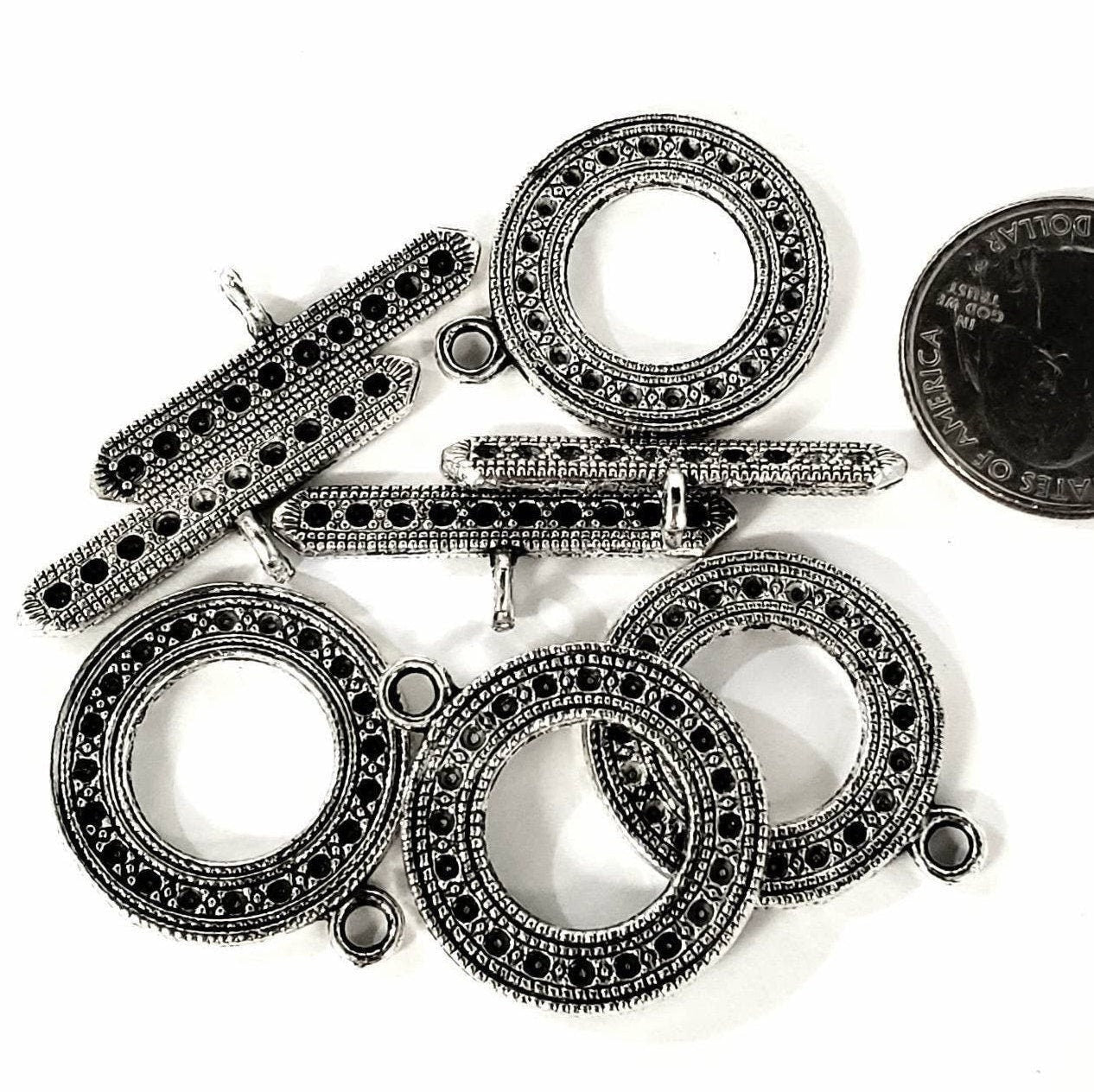 2 sets Marcasite style oxidized double sided large heavy duty 24mm toggle clasp. Jewelry making clasp.silver plated oxidized brass.