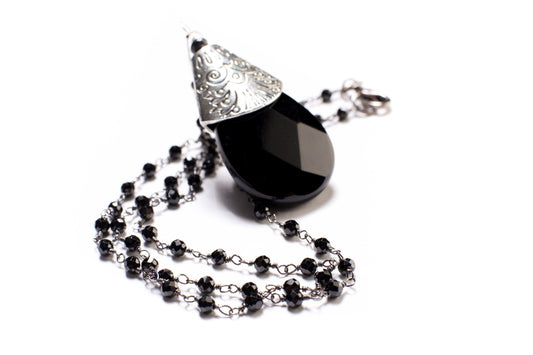 Black Spinel Diamond Cut Necklace with Oxidized Silver Teardrop, Large Bali Style Cap, Black Onyx Pear Drop Pendant Necklace