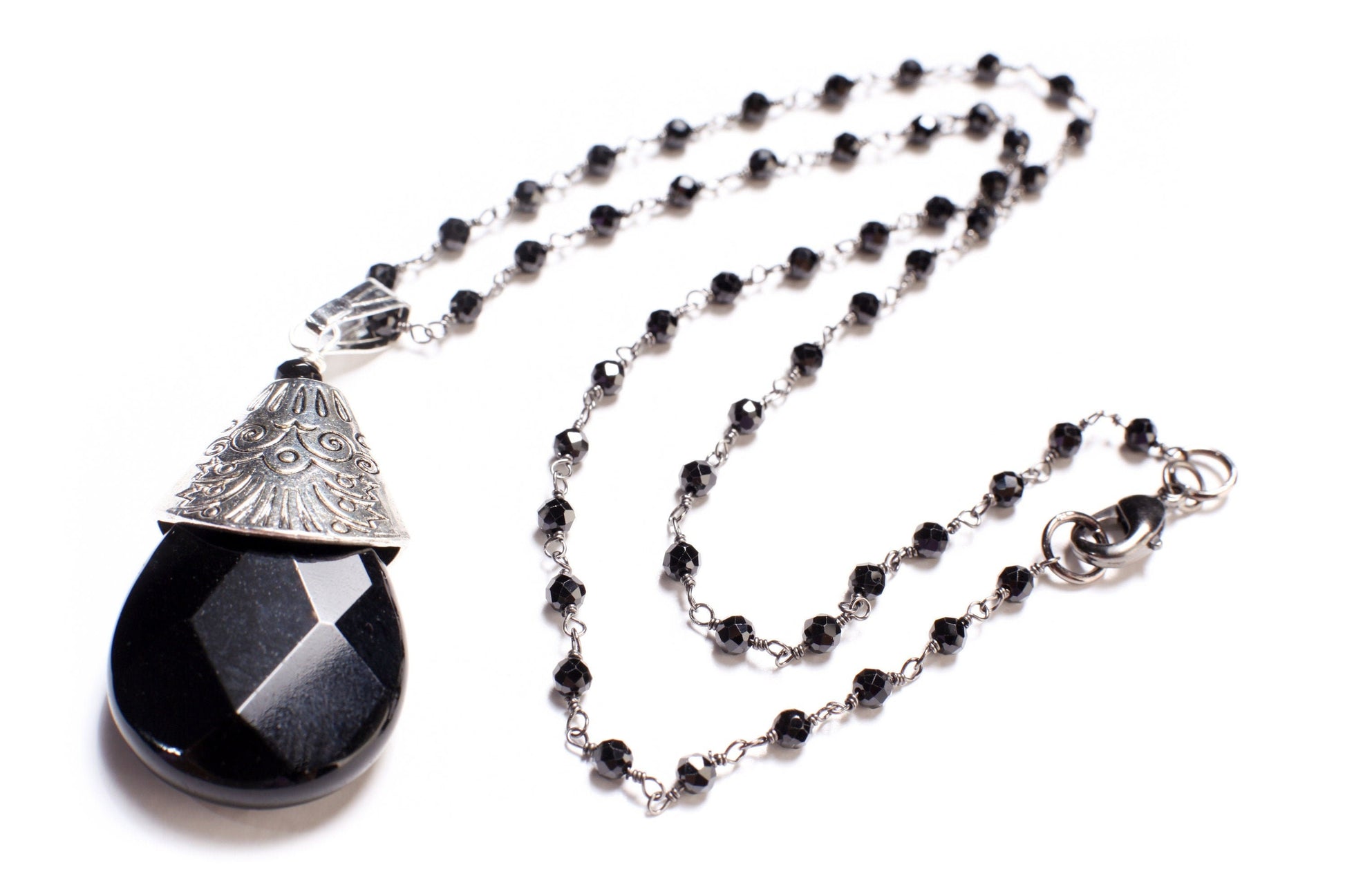 Black Spinel Diamond Cut Necklace with Oxidized Silver Teardrop, Large Bali Style Cap, Black Onyx Pear Drop Pendant Necklace