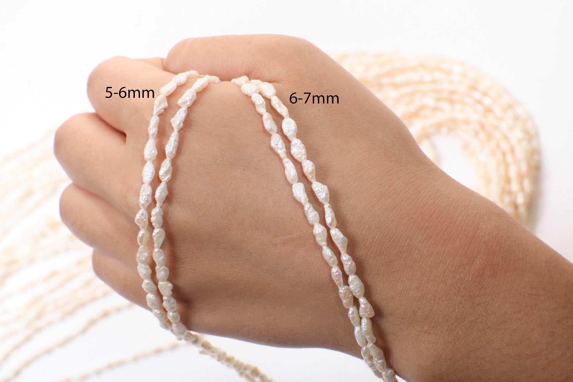 Japanese Vintage 3-3.5mm x 4/5/6/7mm to 5/6/7/8mm Freshwater Biwa Rice Pearl 15&quot; Strand