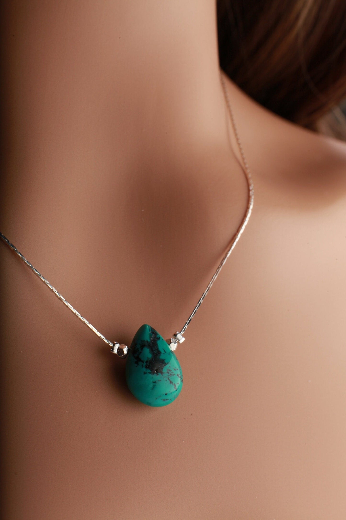 Natural Tibetan Turquoise Pear drop Hand-Made Choker 16.5&quot; Necklace Extended to19&quot;