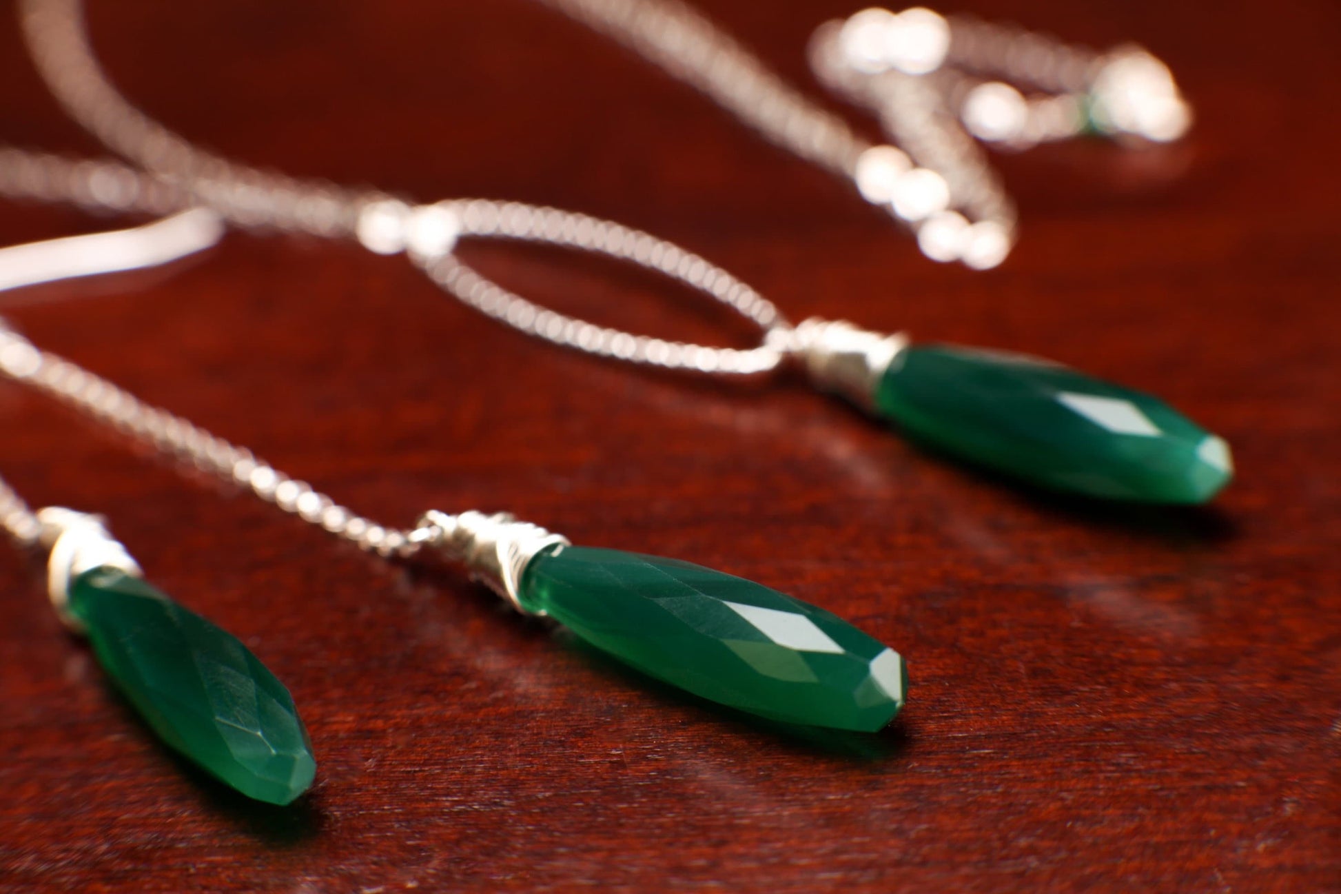 Genuine Green Onyx 7x30mm Wire Wrapped Briolette Teardrop Necklace, Matching Dangling Long Earring in 925 Sterling Silver, Gift for her