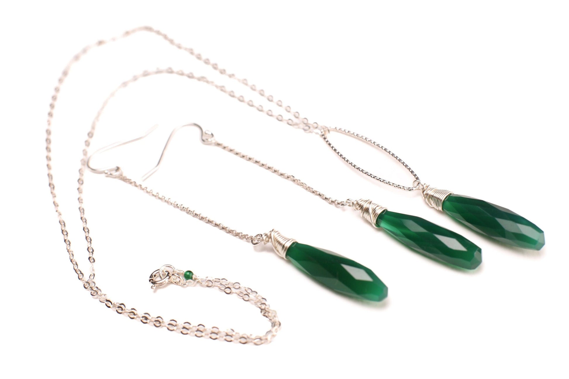 Genuine Green Onyx 7x30mm Wire Wrapped Briolette Teardrop Necklace, Matching Dangling Long Earring in 925 Sterling Silver, Gift for her