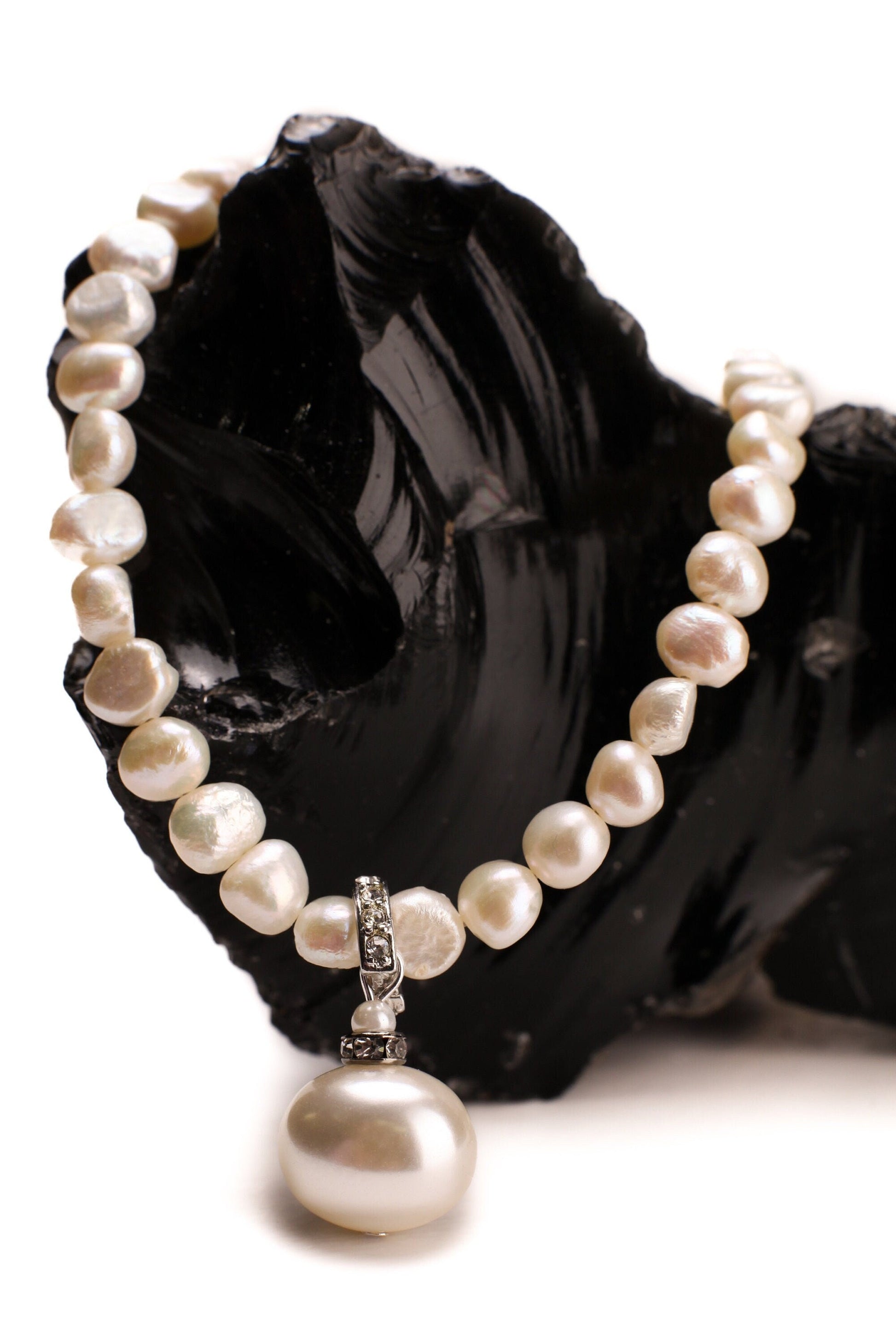 Natural Freshwater Pearl freeform oval with South SeaShell Pearl 12x15mm CZ Pendant Necklace plus 2" Extender, Bridal , party , elegant gift