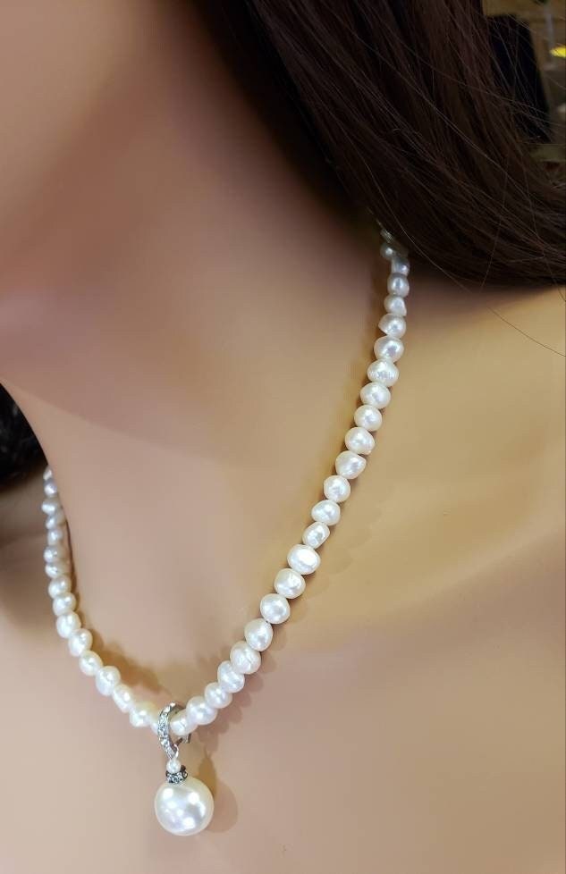 Natural Freshwater Pearl freeform oval with South SeaShell Pearl 12x15mm CZ Pendant Necklace plus 2" Extender, Bridal , party , elegant gift