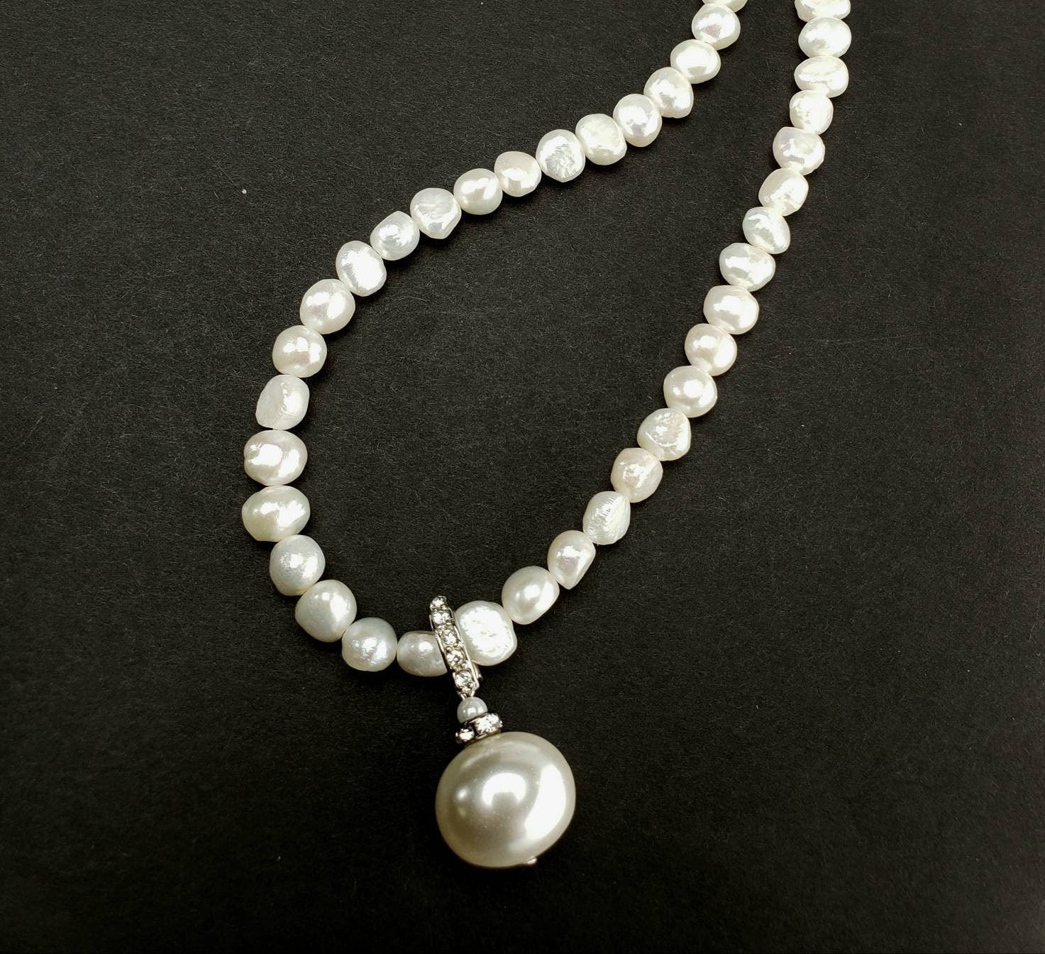 Natural Freshwater Pearl freeform oval with South SeaShell Pearl 12x15mm CZ Pendant Necklace plus 2&quot; Extender, Bridal , party , elegant gift